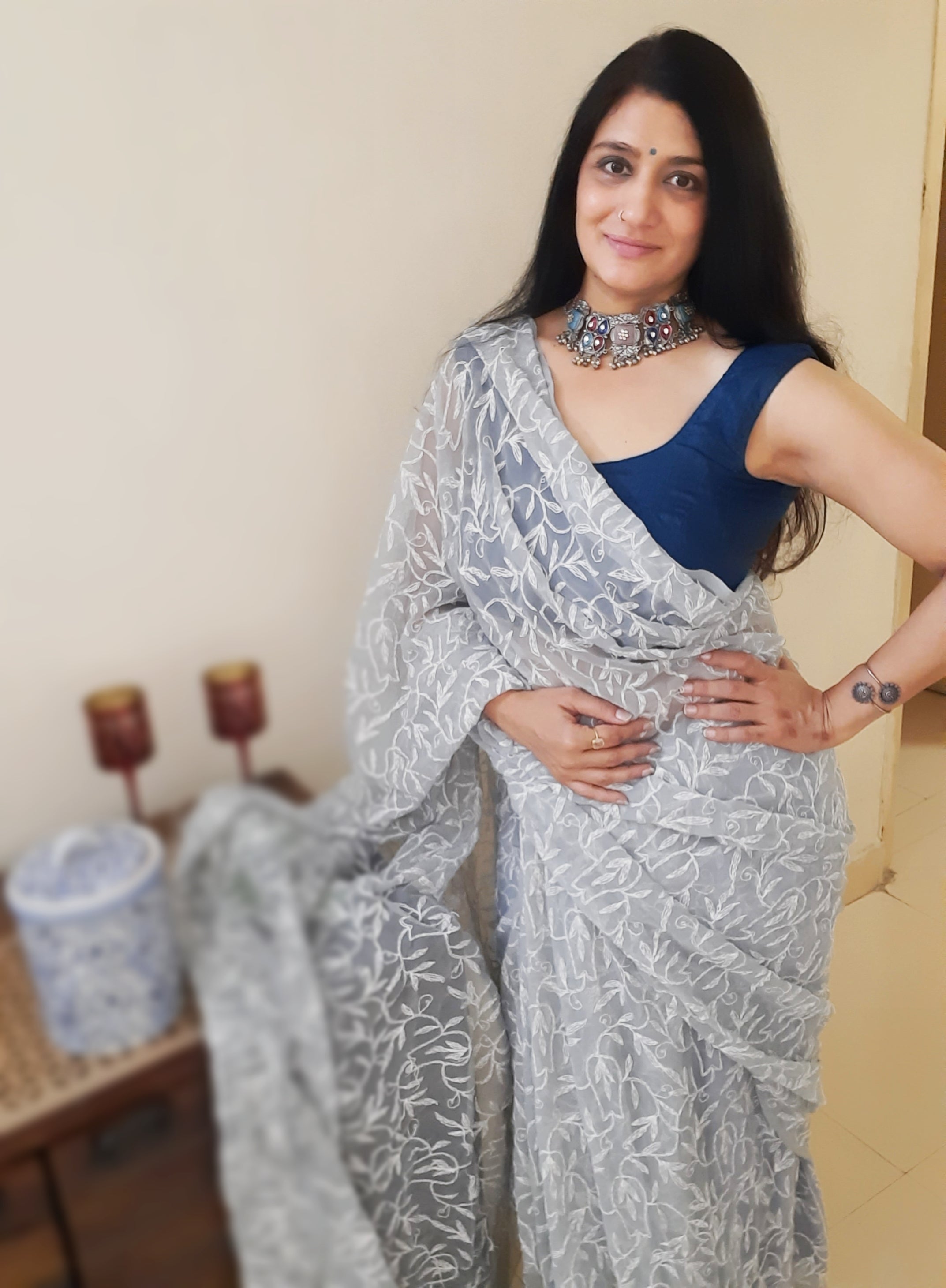 Tepchi Handwork Georgette Work Gray Saree