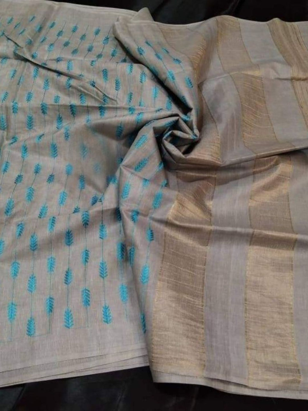 Textured Eri Tussar Silk Embroidered Beige Saree