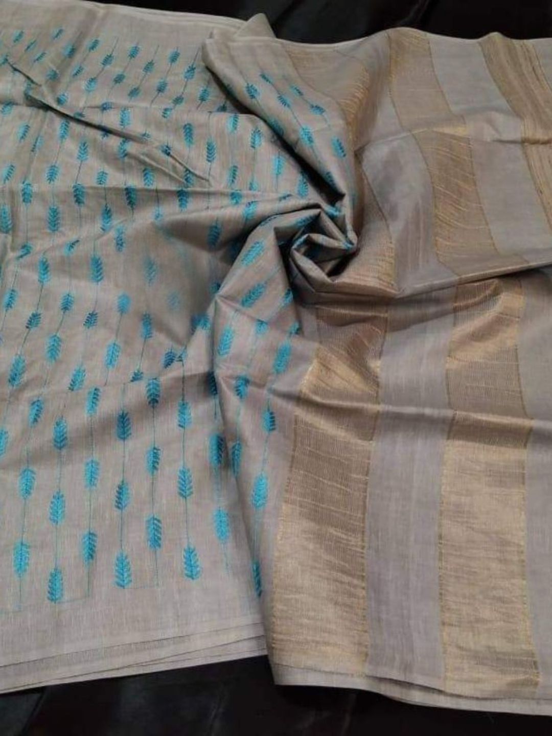 Textured Eri Tussar Silk Embroidered Beige Saree