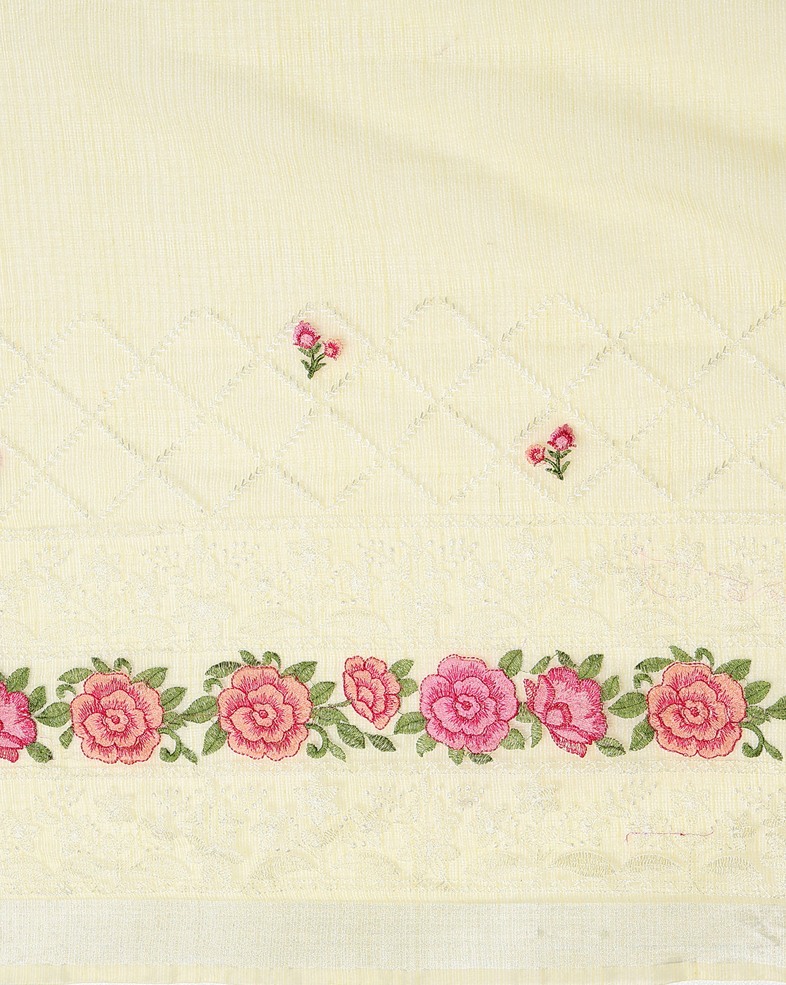 Sunshine Chikenkari Pure Cotton Kota Doria Yellow Saree