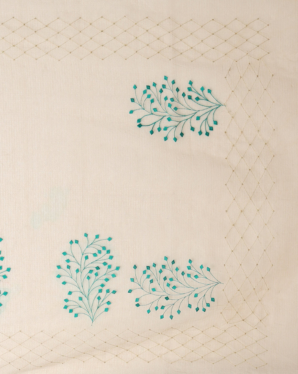 Earthy Kota Doria Cotton Bel Embroidery Off White Saree Handdyed
