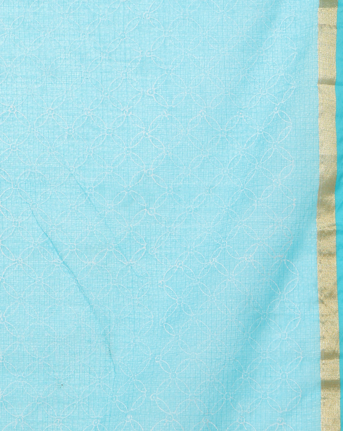 Kota Doria Embroidery White Saree with blouse Handcrafted-Indiehaat