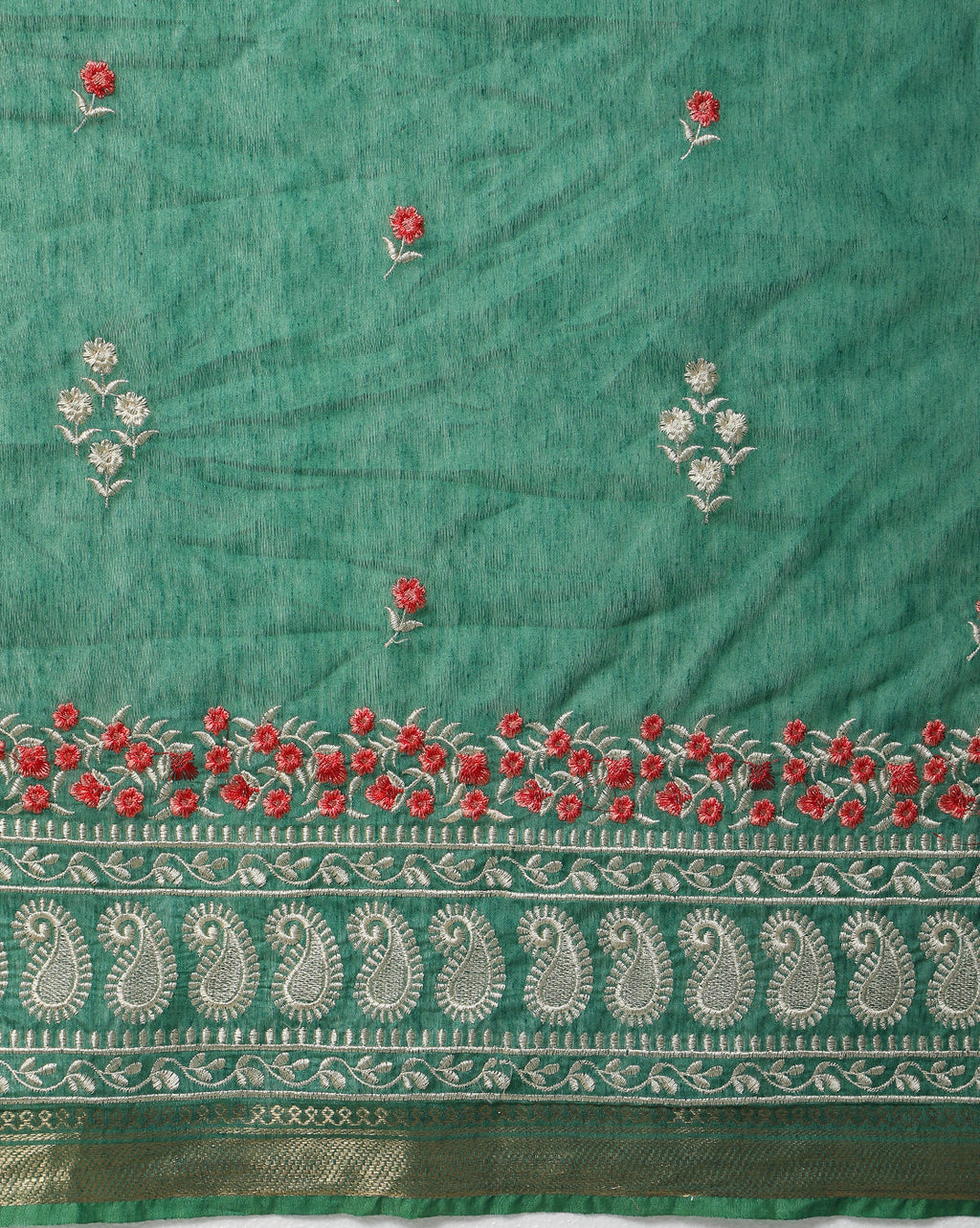 Ornamental Silk Linen Embroidered Green Saree