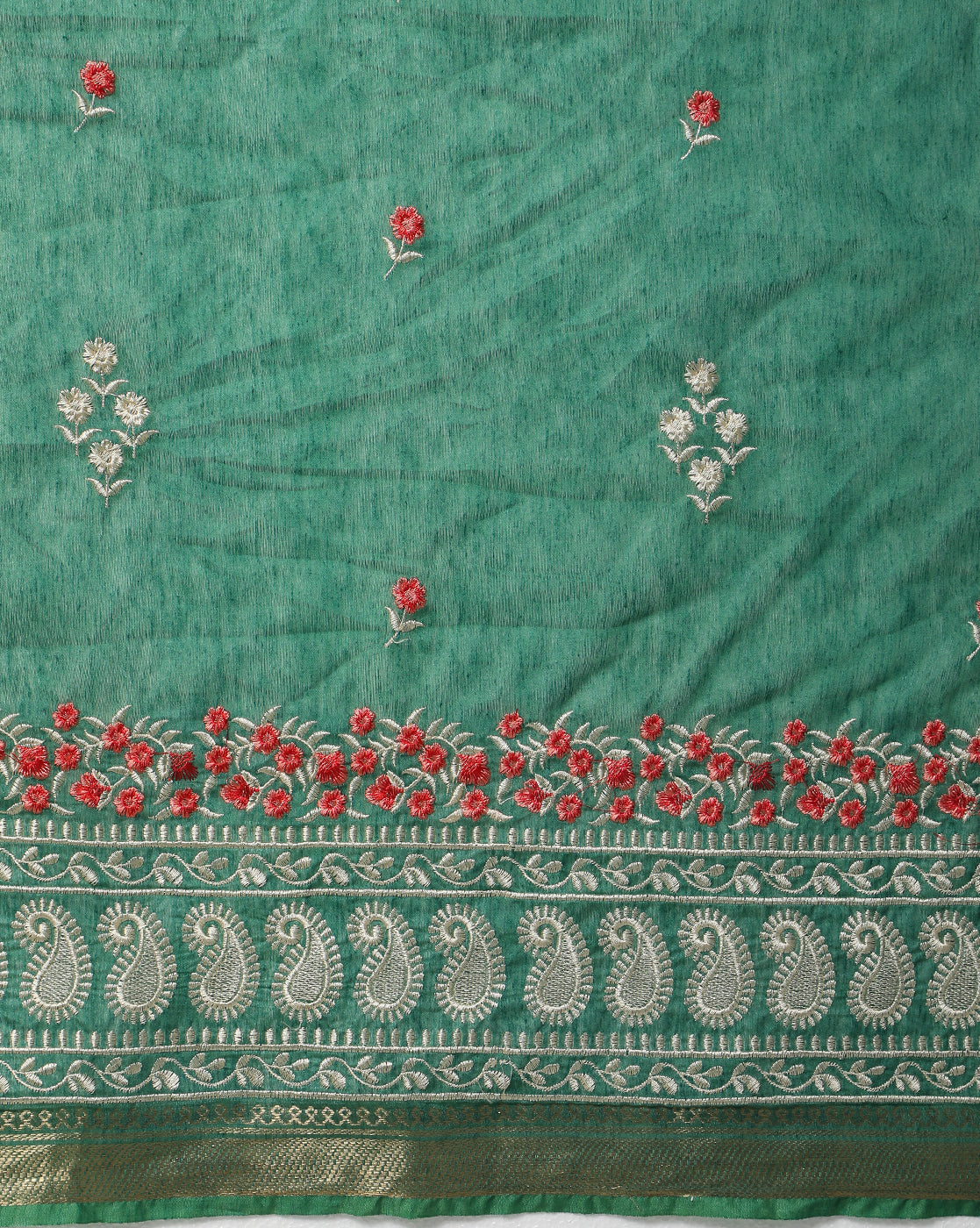 Ornamental Silk Linen Embroidered Green Saree