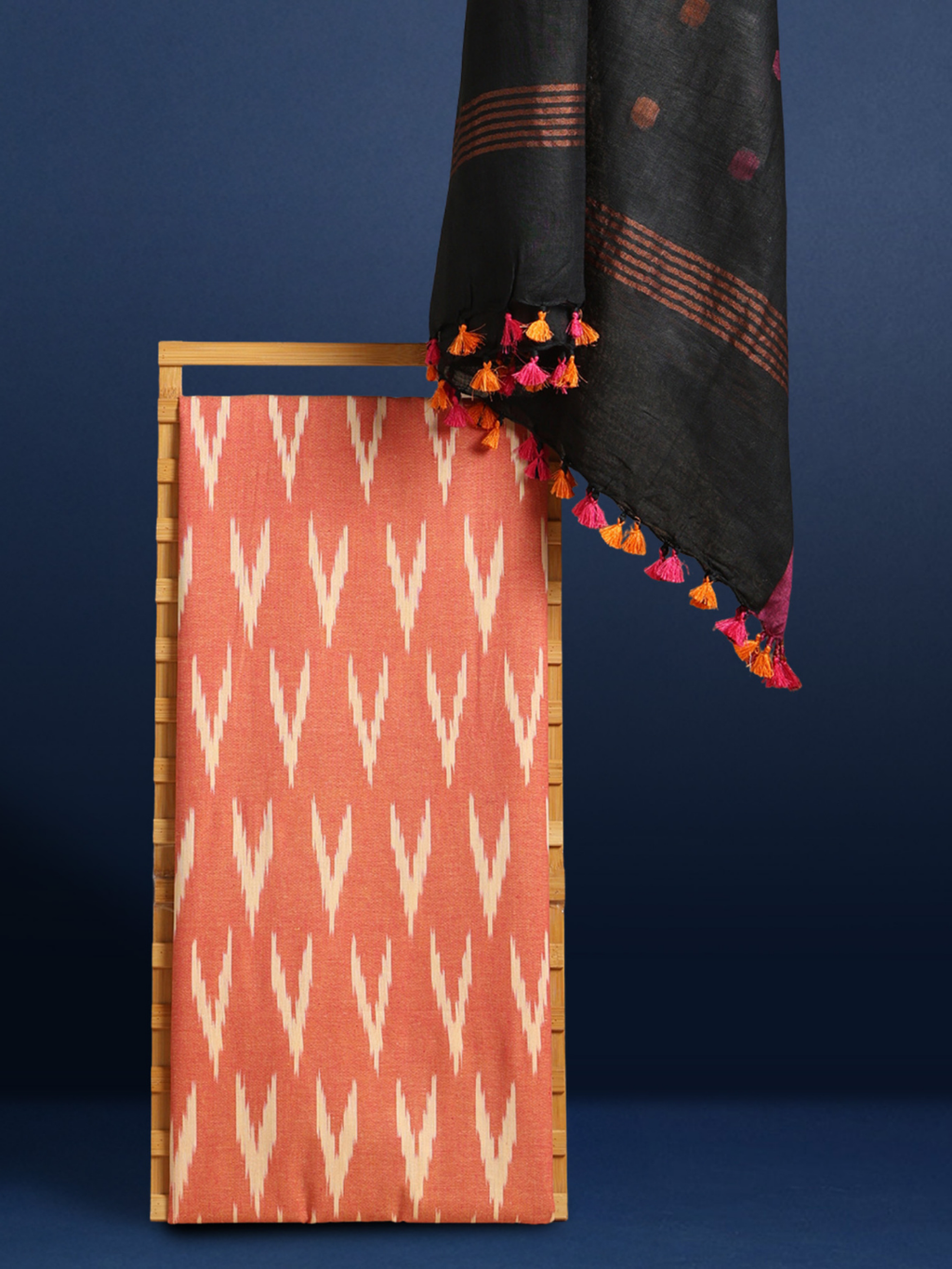 Pure Linen Striking Black Dupatta & Orange Ikkat Kurti Set