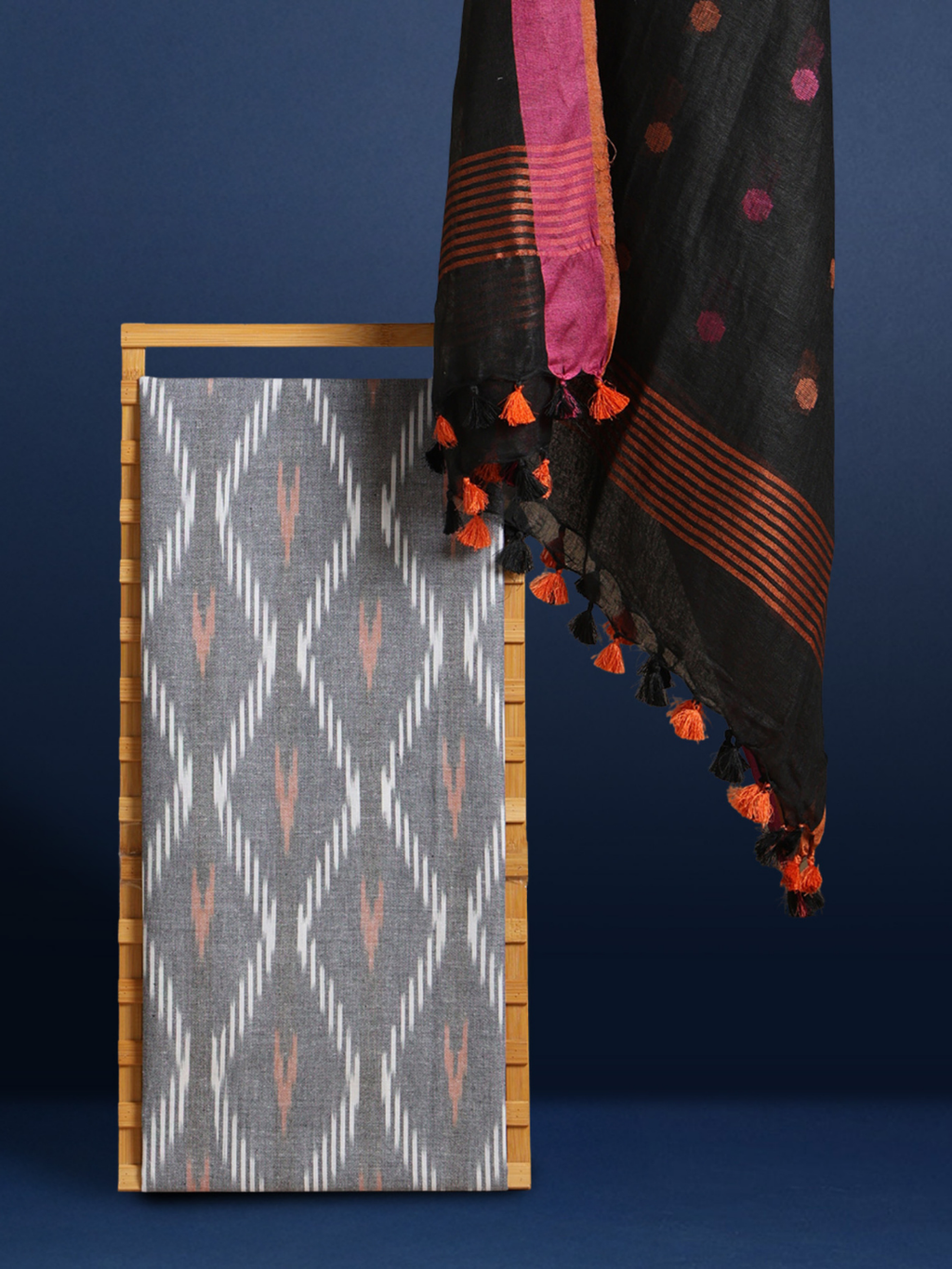 Pure Linen Luminous Black Dupatta & Grey Ikkat Kurti Set