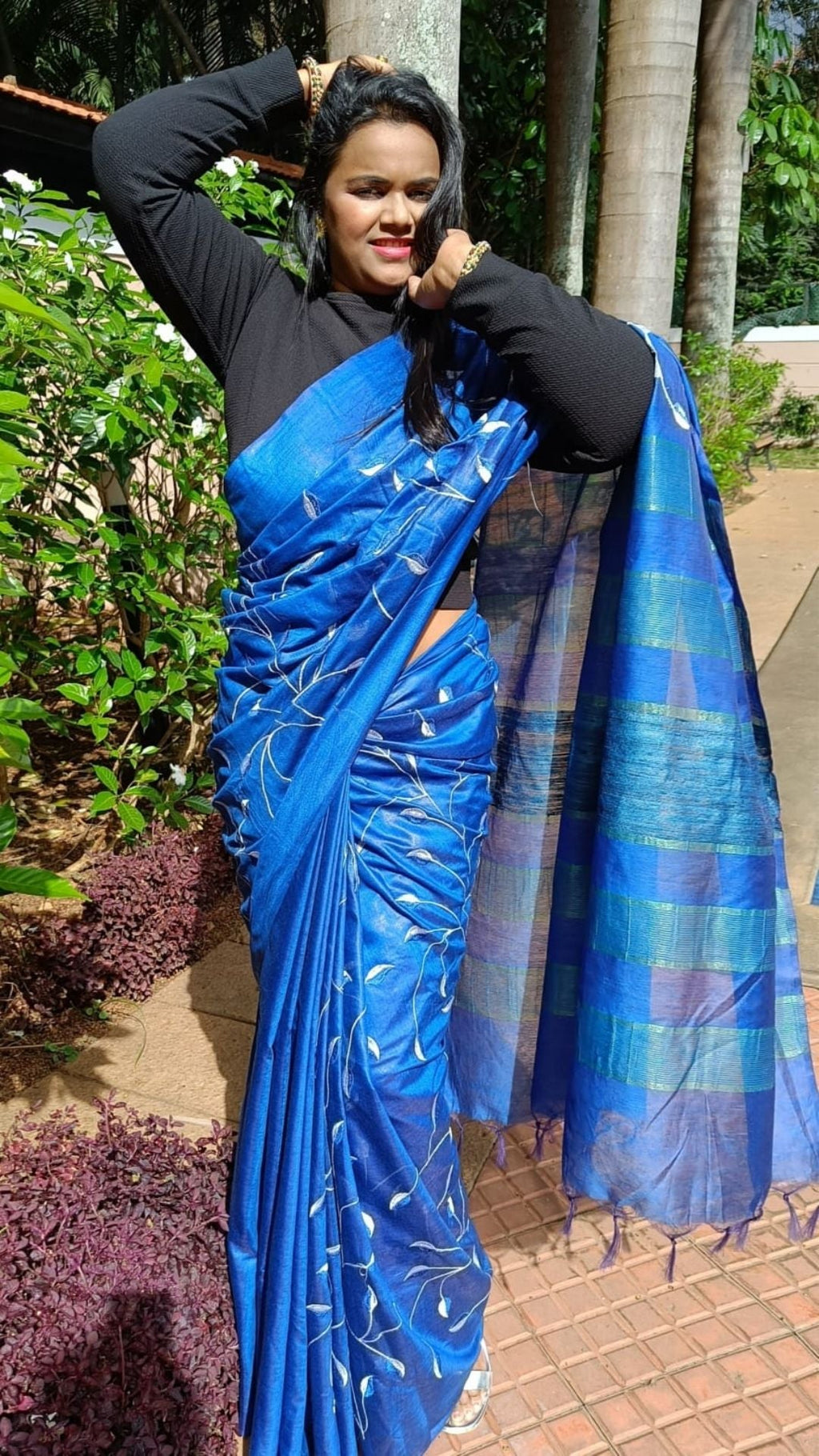 Eri Silk Digital Embroidered Blue Saree with Running Blouse-Indiehaat