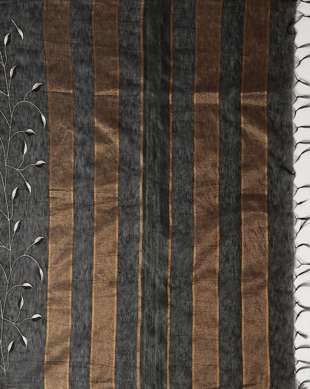 Glossy Eri Tussar Silk Embroidered Black Saree