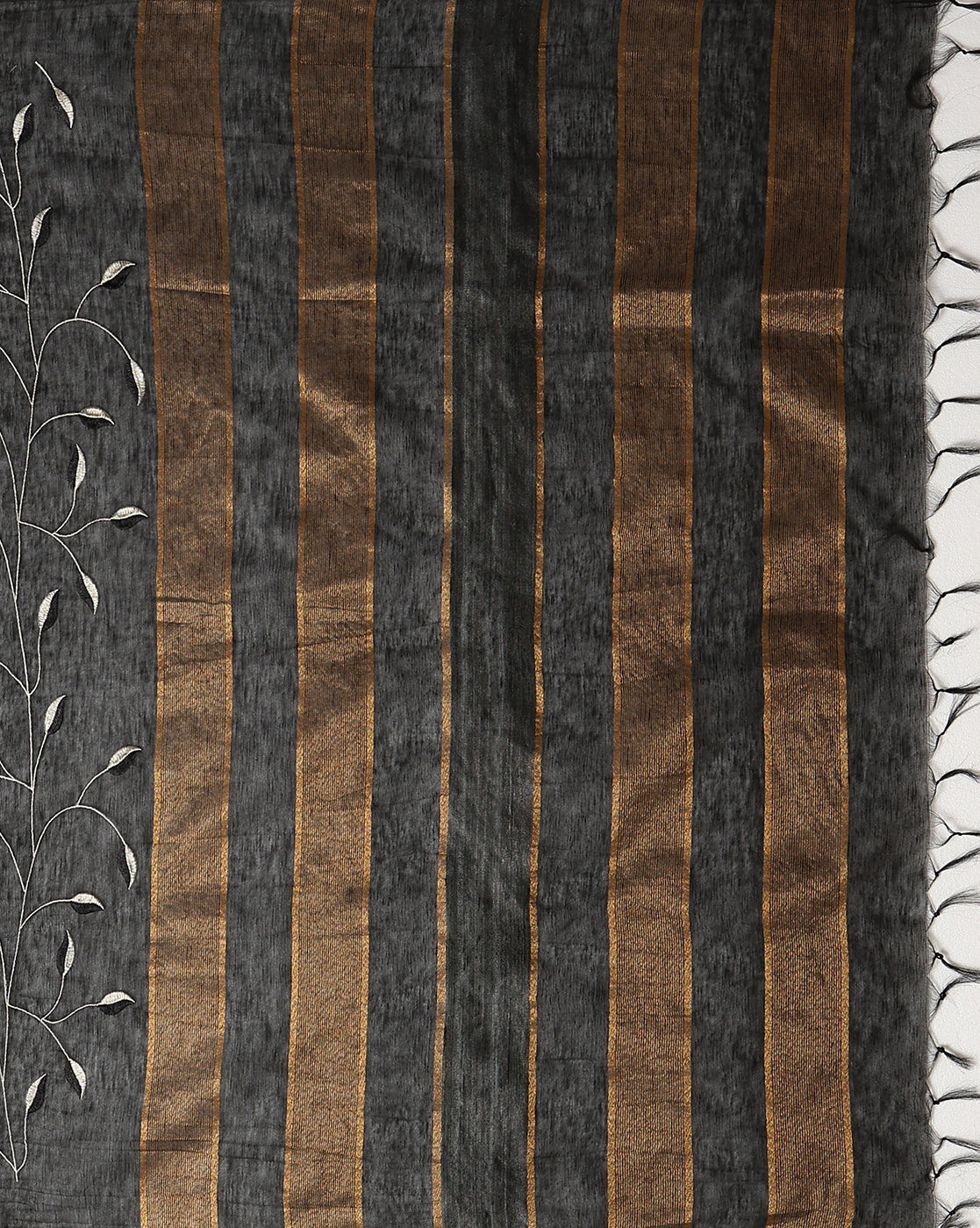 Glossy Eri Tussar Silk Embroidered Black Saree