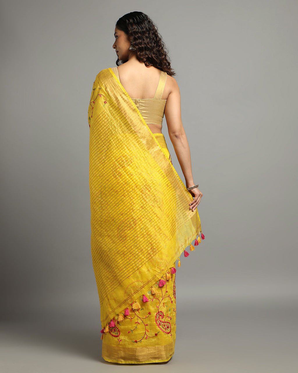 Captivating Silk Linen Embroidered Mustard Saree