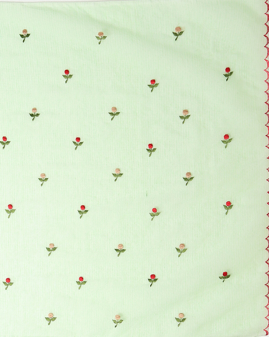 Kota Doria Green Saree Allover Embroidery Handcrafted