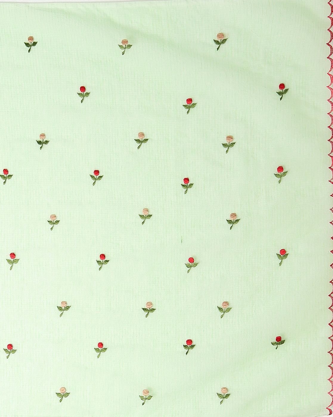 Kota Doria Green Saree Allover Embroidery Handcrafted