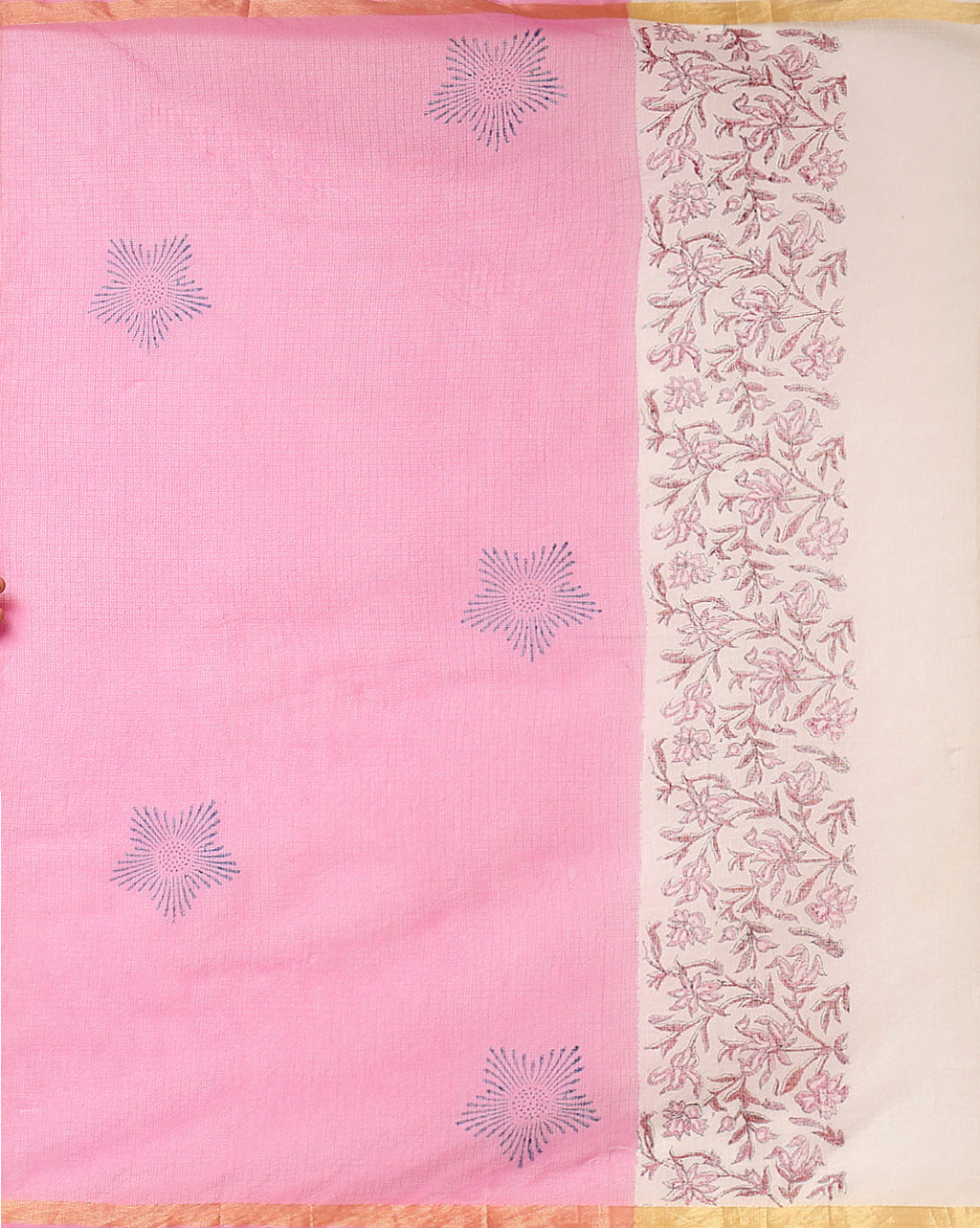 Bright Kota Doria Pink Blockprinted Suit (Top+Dupatta+Bottom)