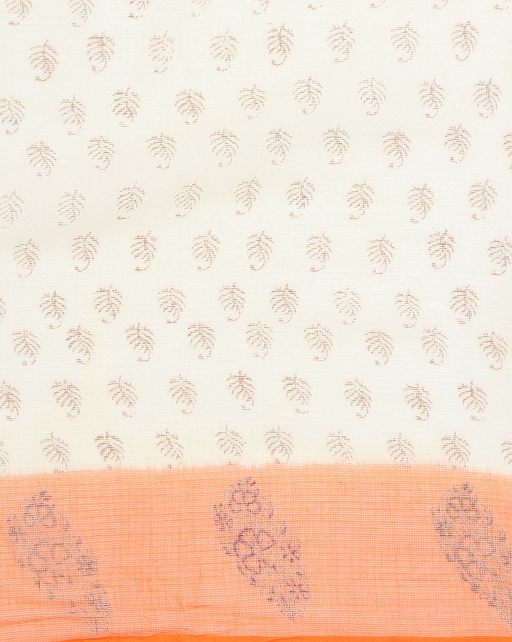 Vibrant Kota Doria Blockprinted White & Orange Saree