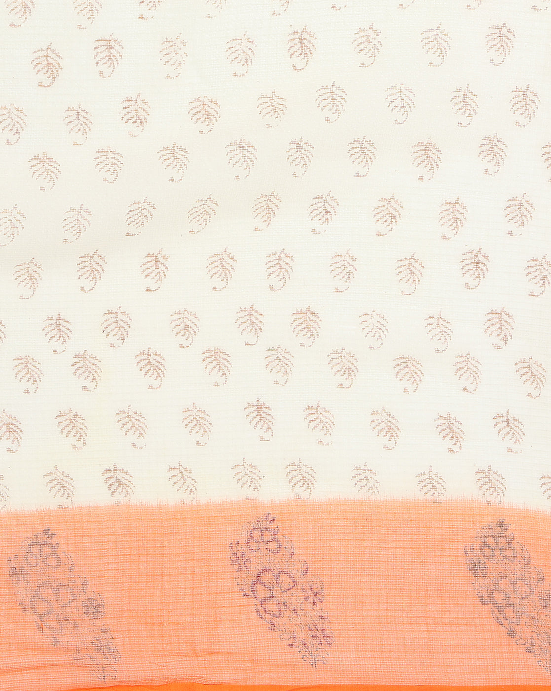 Vibrant Kota Doria Blockprinted White & Orange Saree