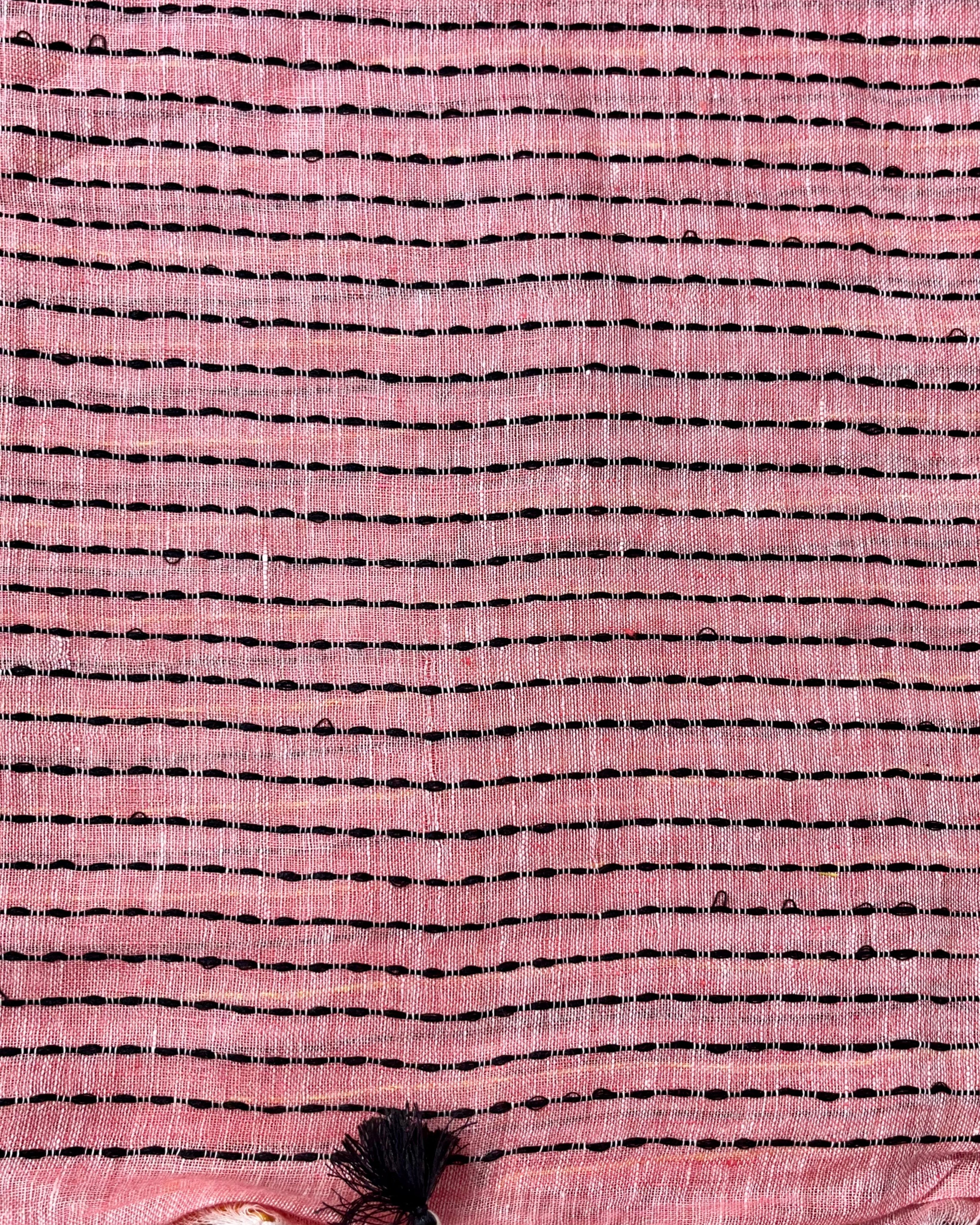 Whispering Pure Linen Kantha Work Peach Saree