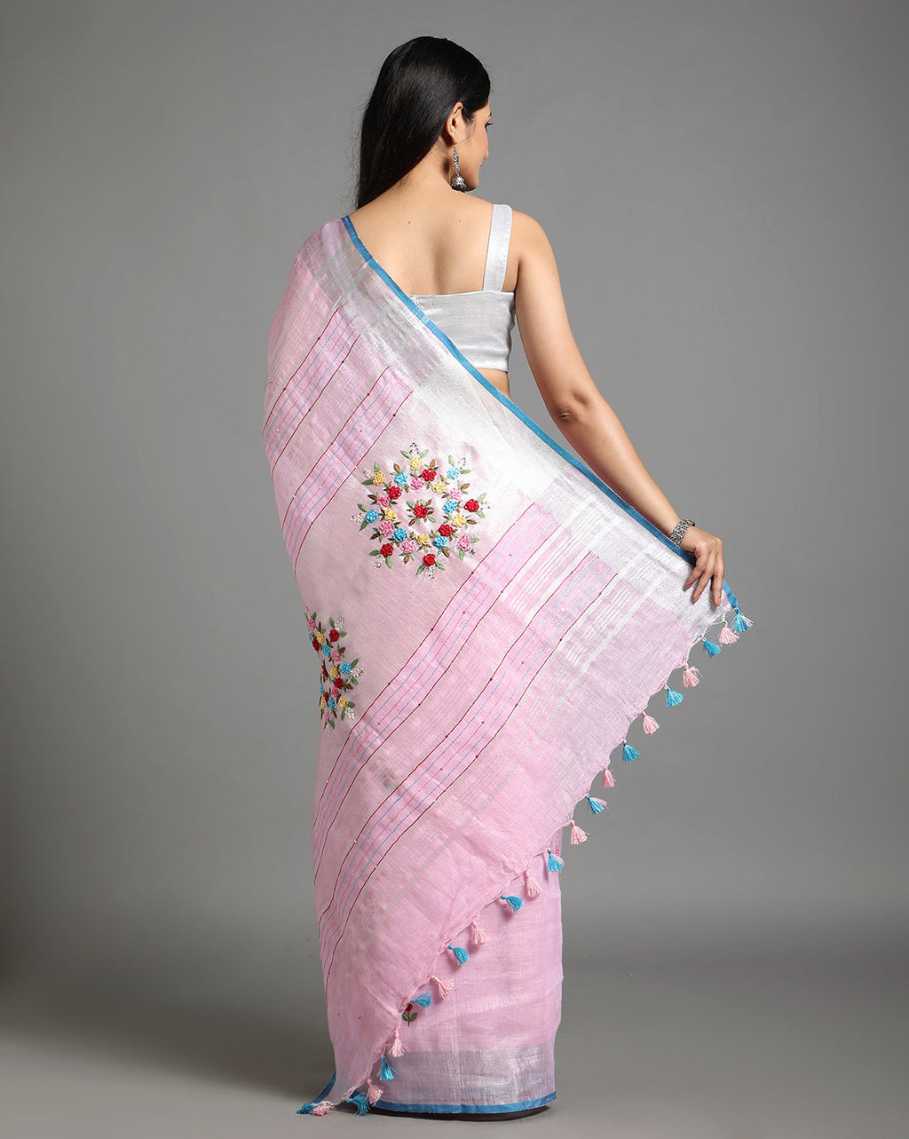 Illuminating Pure Linen Floral Embroidered Biege Saree