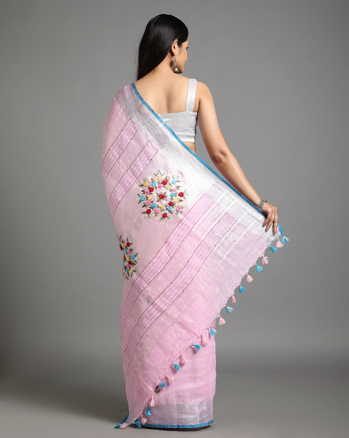 Illuminating Pure Linen Floral Embroidered Biege Saree