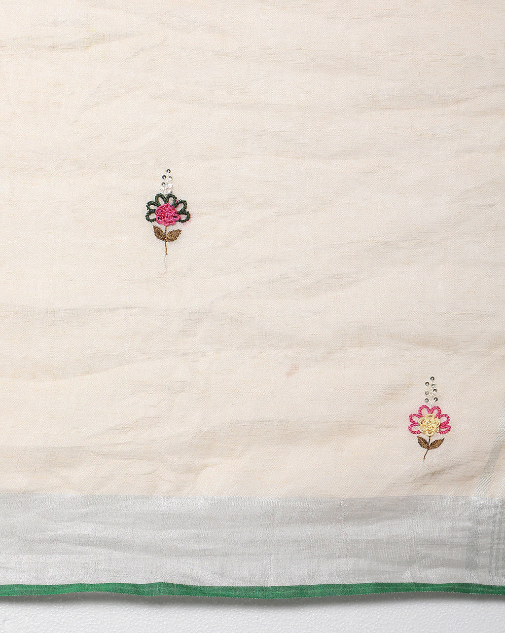 Beautiful Pure Linen Floral Embroidered Biege Saree