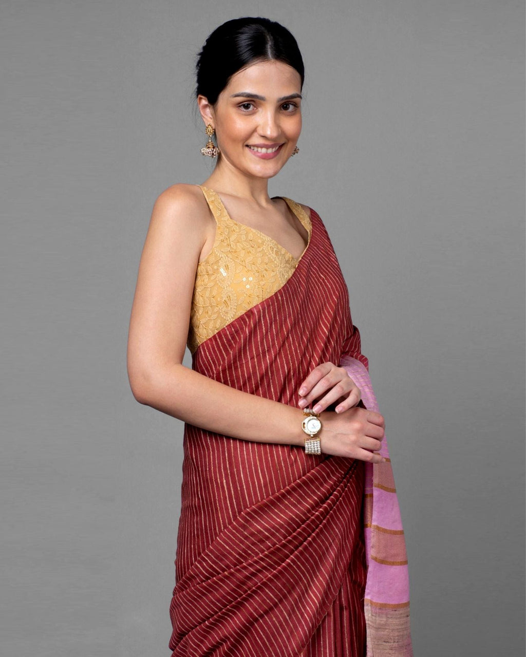 Silkmark Eri Silk Tussar Striped Saree â€“ Maroon & Beige â€“ Traditional â€“ Indiehaat