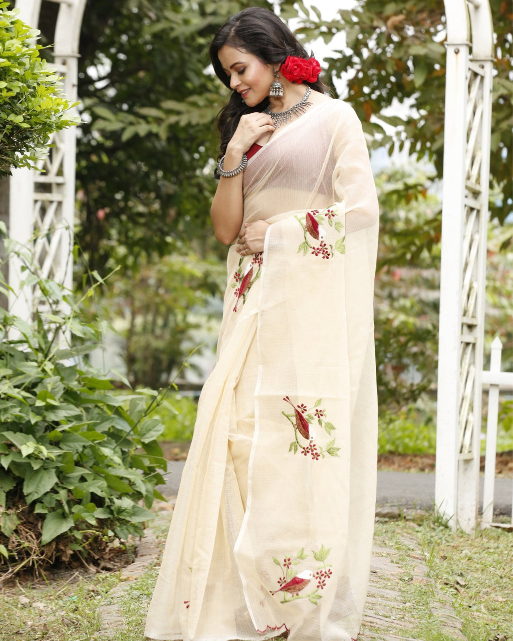 Natural Kota Doria Cotton Bird Embroidery Beige Saree Handdyed