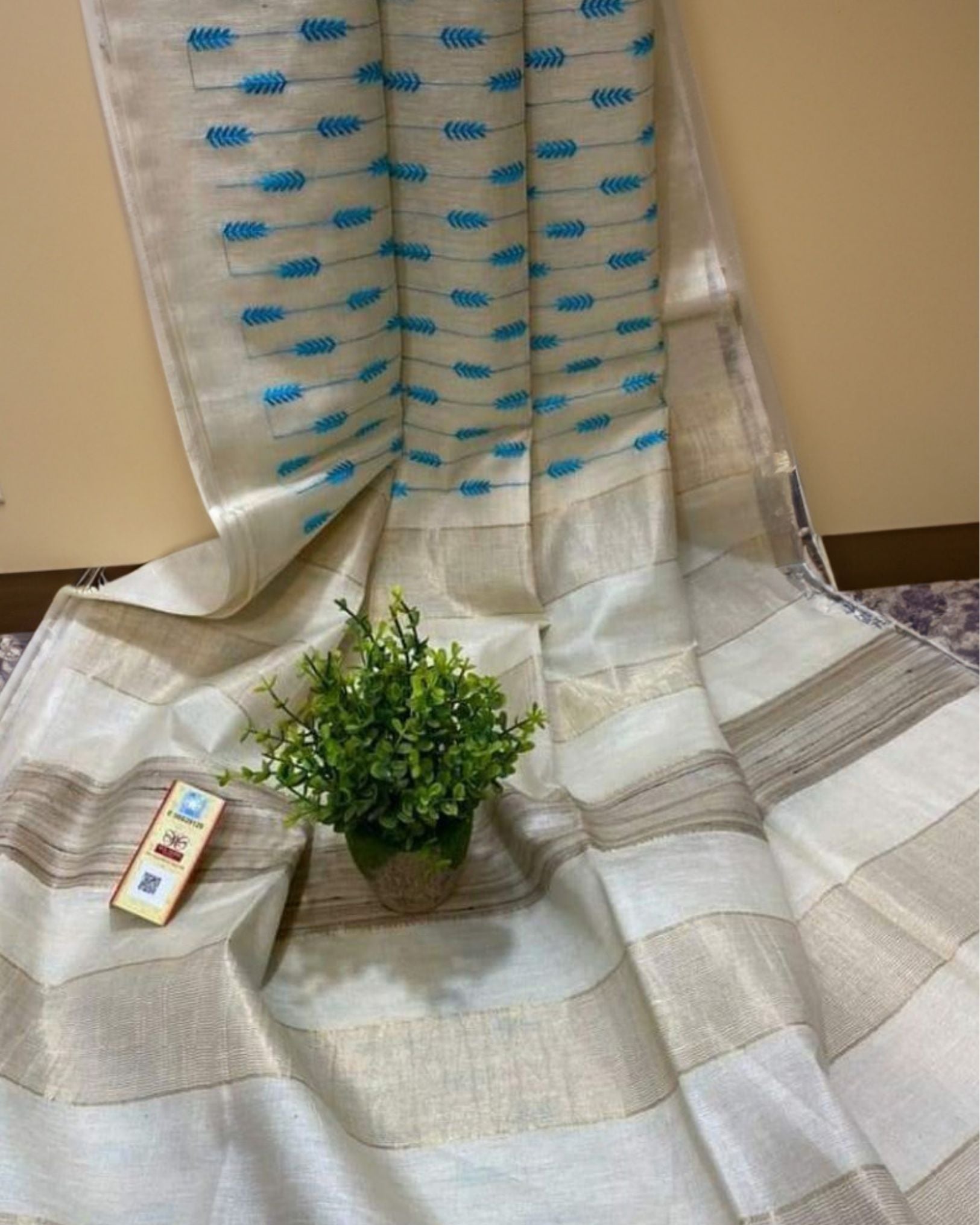 Eri Silk Embroidered Cream Saree with Running Blouse-Indiehaat