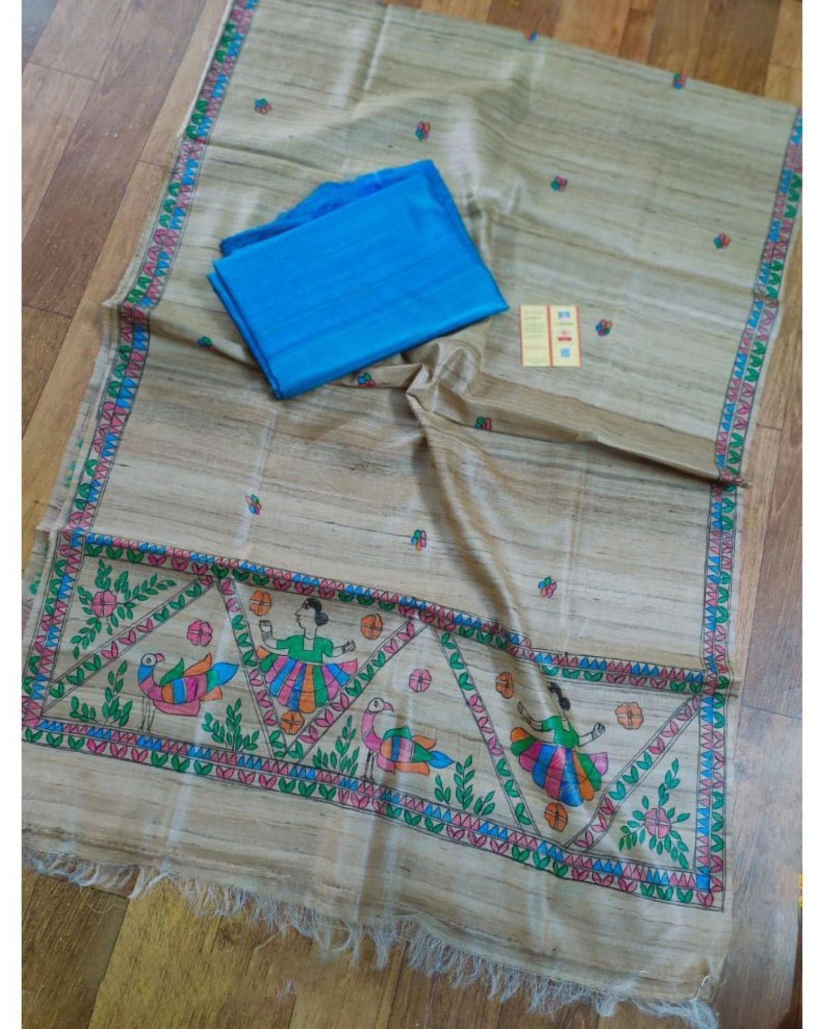 Silkmark Tussar Beige Madhubani Precious Dupatta & Blue Top