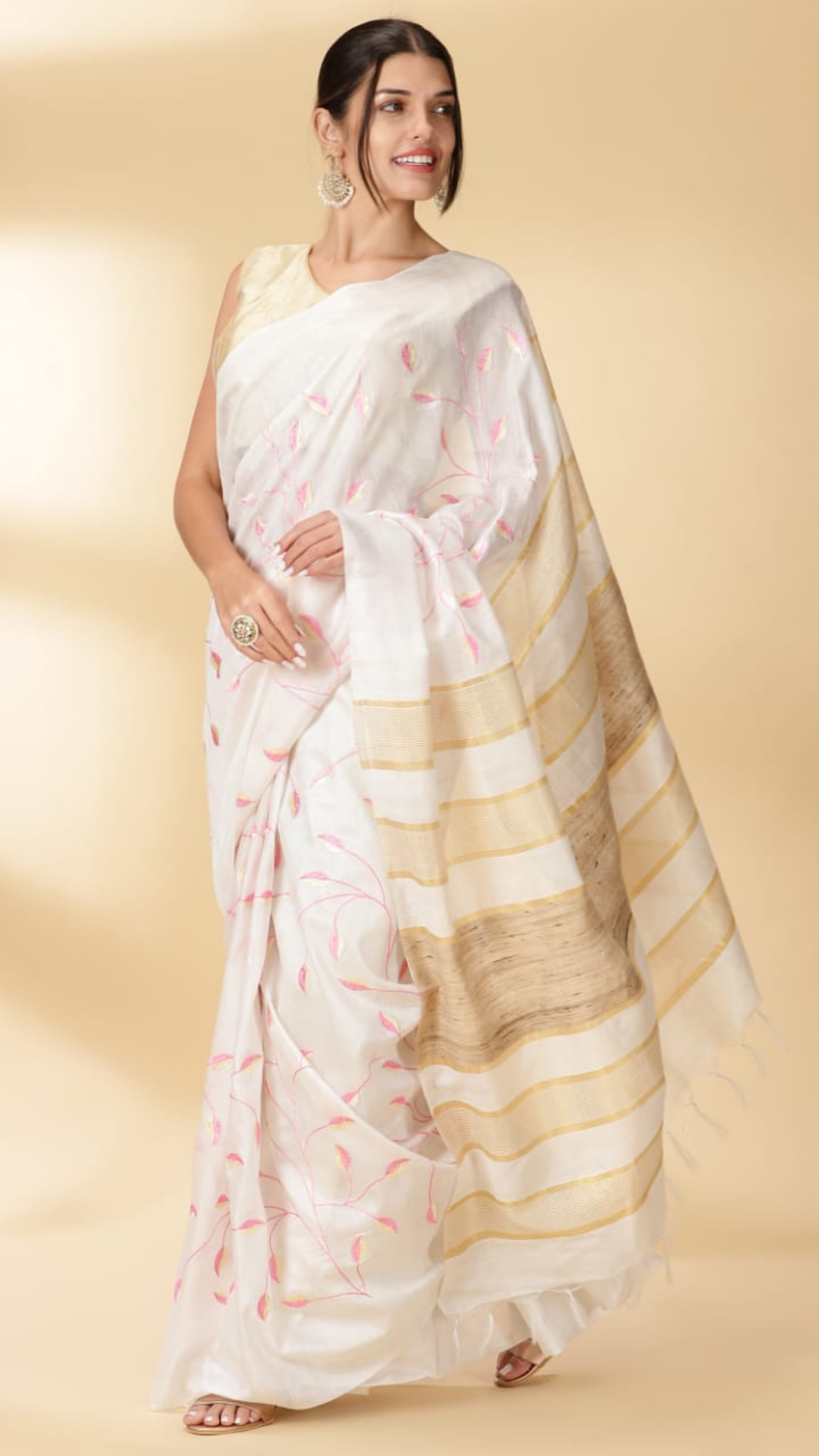 Eri Silk Digital Embroidered White Saree with Running Blouse-Indiehaat