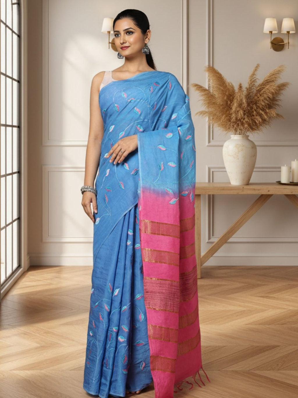 Quaint Eri Tussar Silk Embroidered Blue Saree