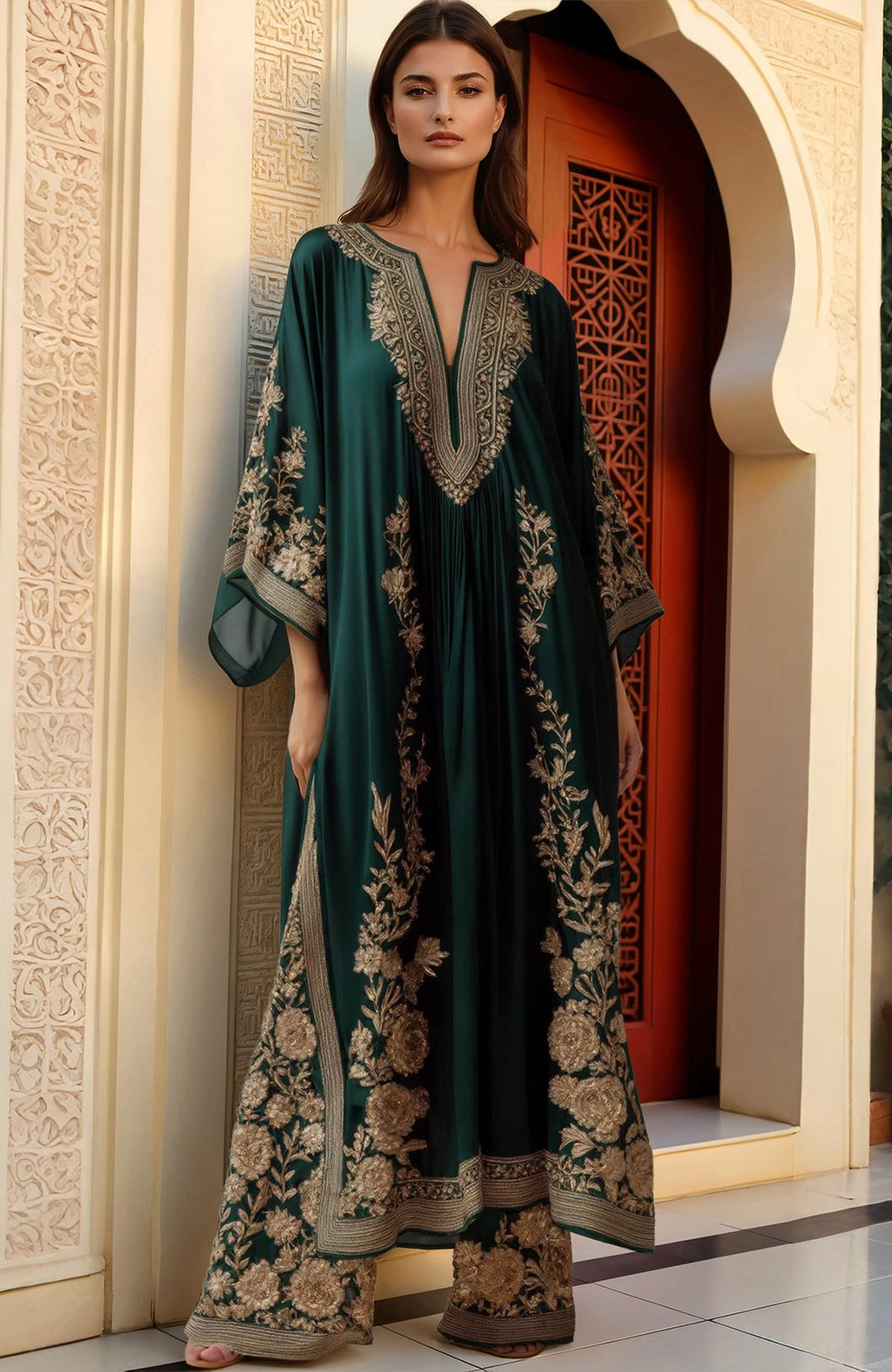 Dark green kaftan dress with gold floral embroidery and matching wide-leg pants.
