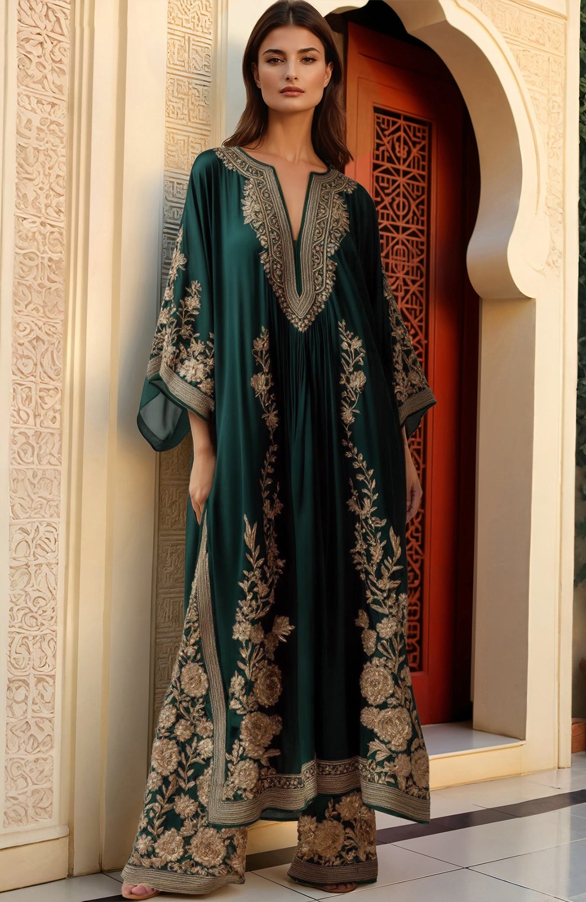 Dark green kaftan dress with gold floral embroidery and matching wide-leg pants.