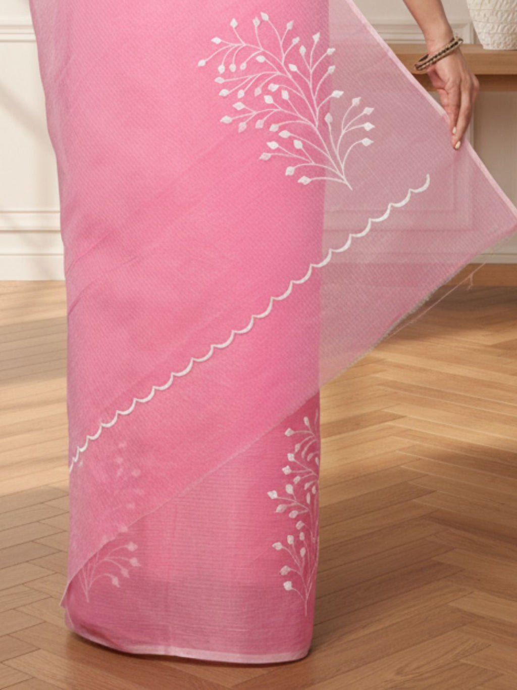Trendy Kota Doria Cotton Bel Embroidery Pink Saree Handdyed