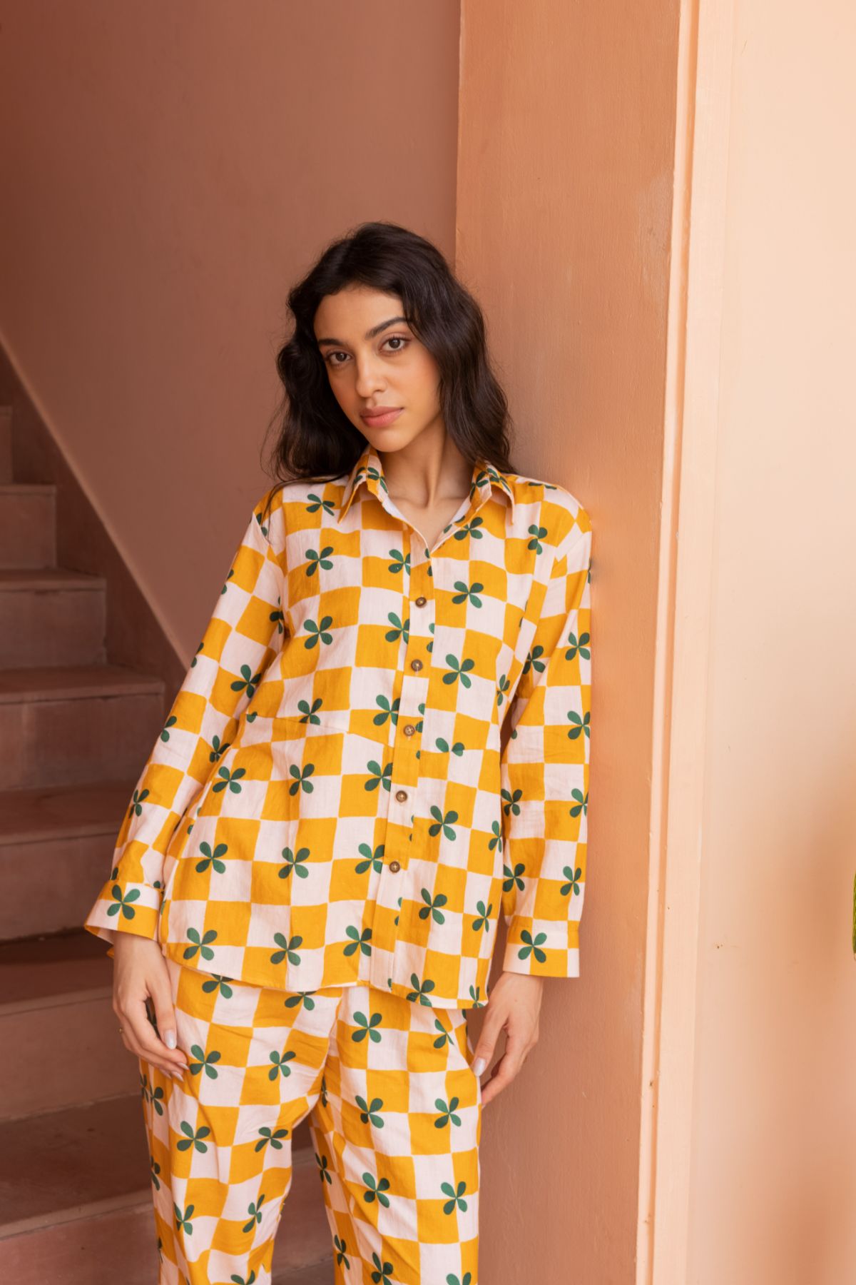 Palm Co-ord Set - Mustard Checks (Set of 2)