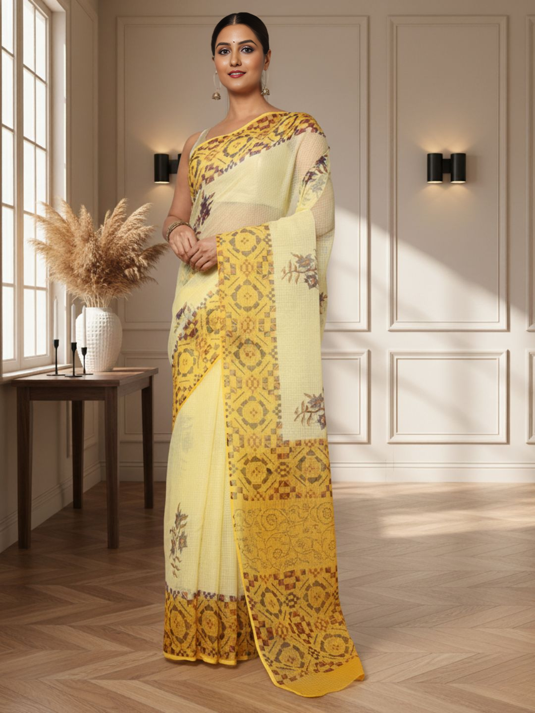 Earthy Kota Doria Blockprinted Yellow Saree