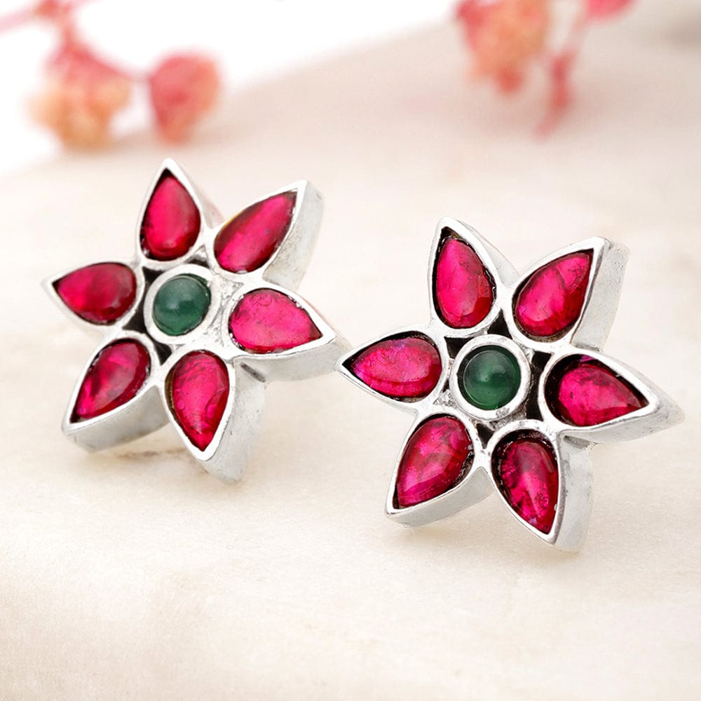 92.5 Silver Red Kundan Flower earring