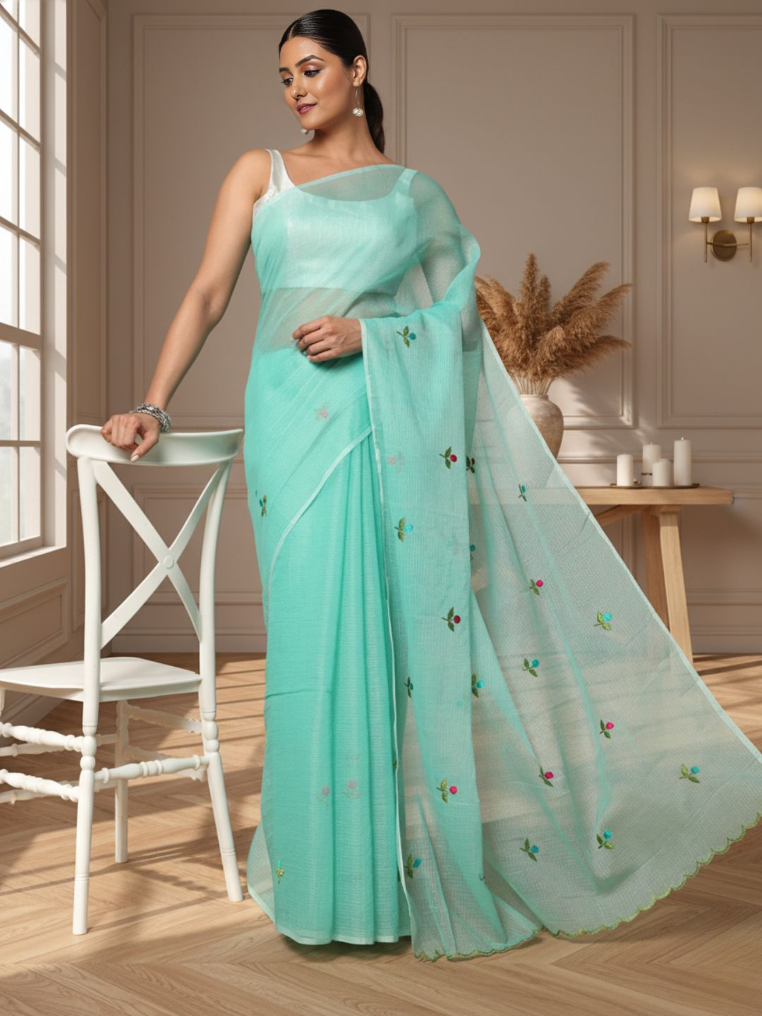 Kota Doria Blue Saree Allover Embroidery Handcrafted