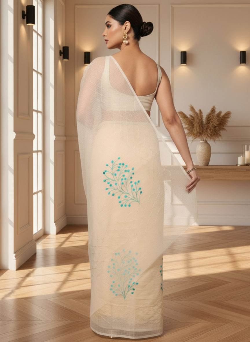 Earthy Kota Doria Cotton Bel Embroidery Off White Saree Handdyed