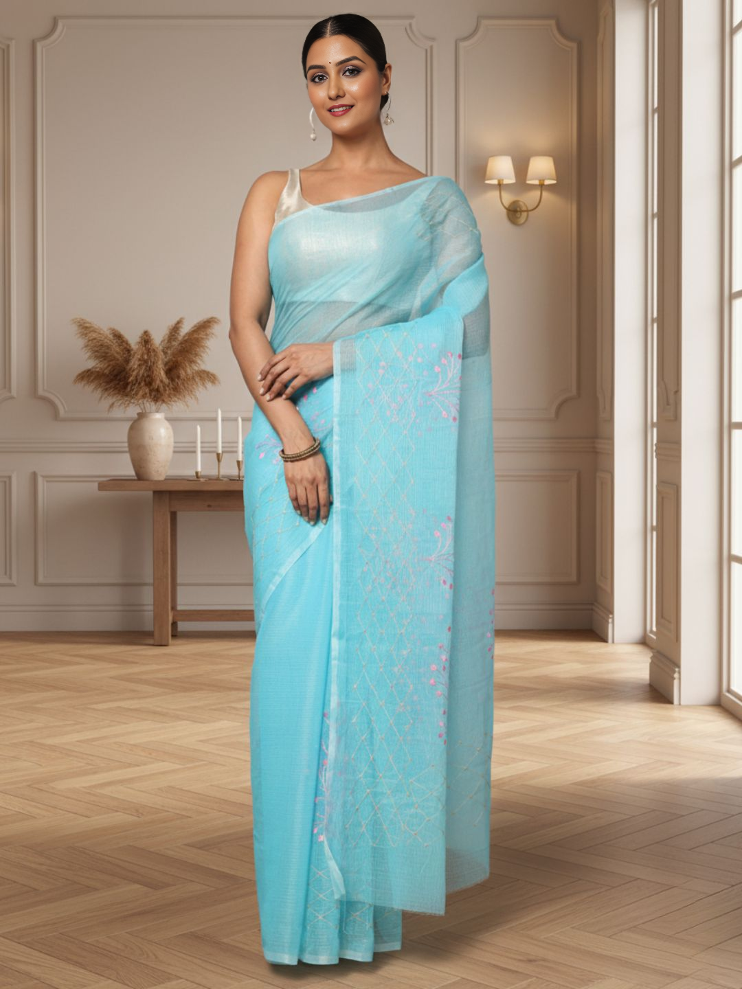 Fresh Kota Doria Cotton Bel Embroidery Blue Saree Handdyed