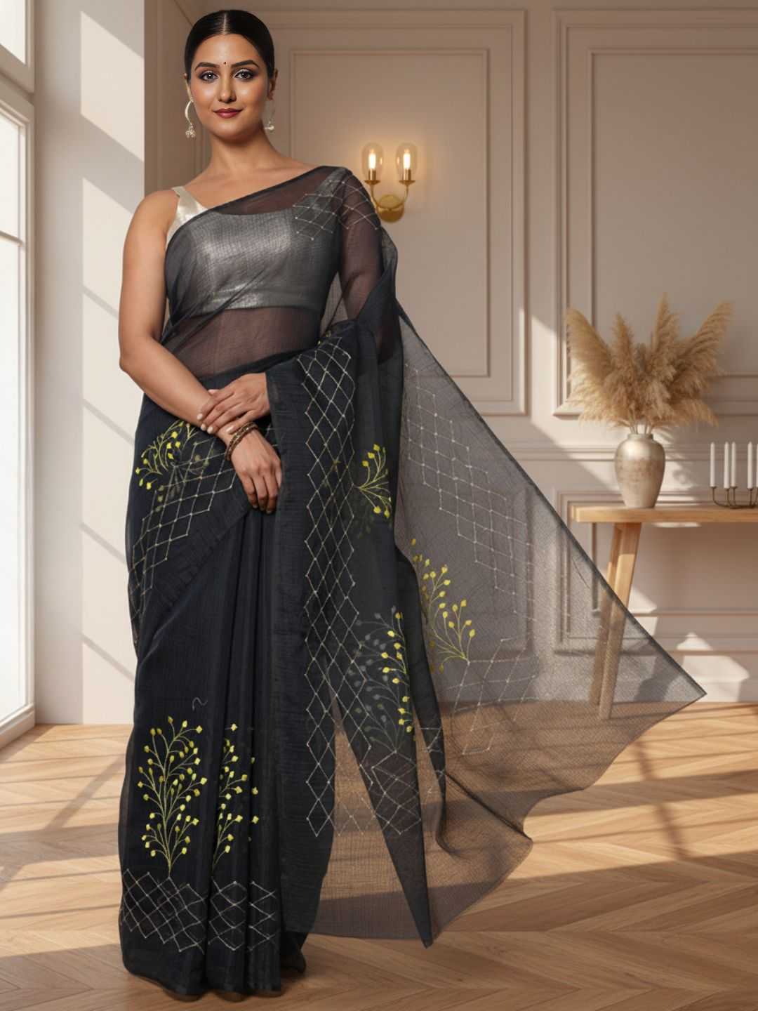 Elegant Kota Doria Cotton Bel Embroidery Blue Saree Handdyed