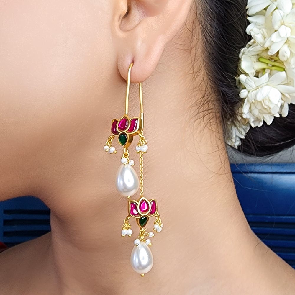 925 Sterling Silver Double Lotus Kundan Sui Dhaga Earring