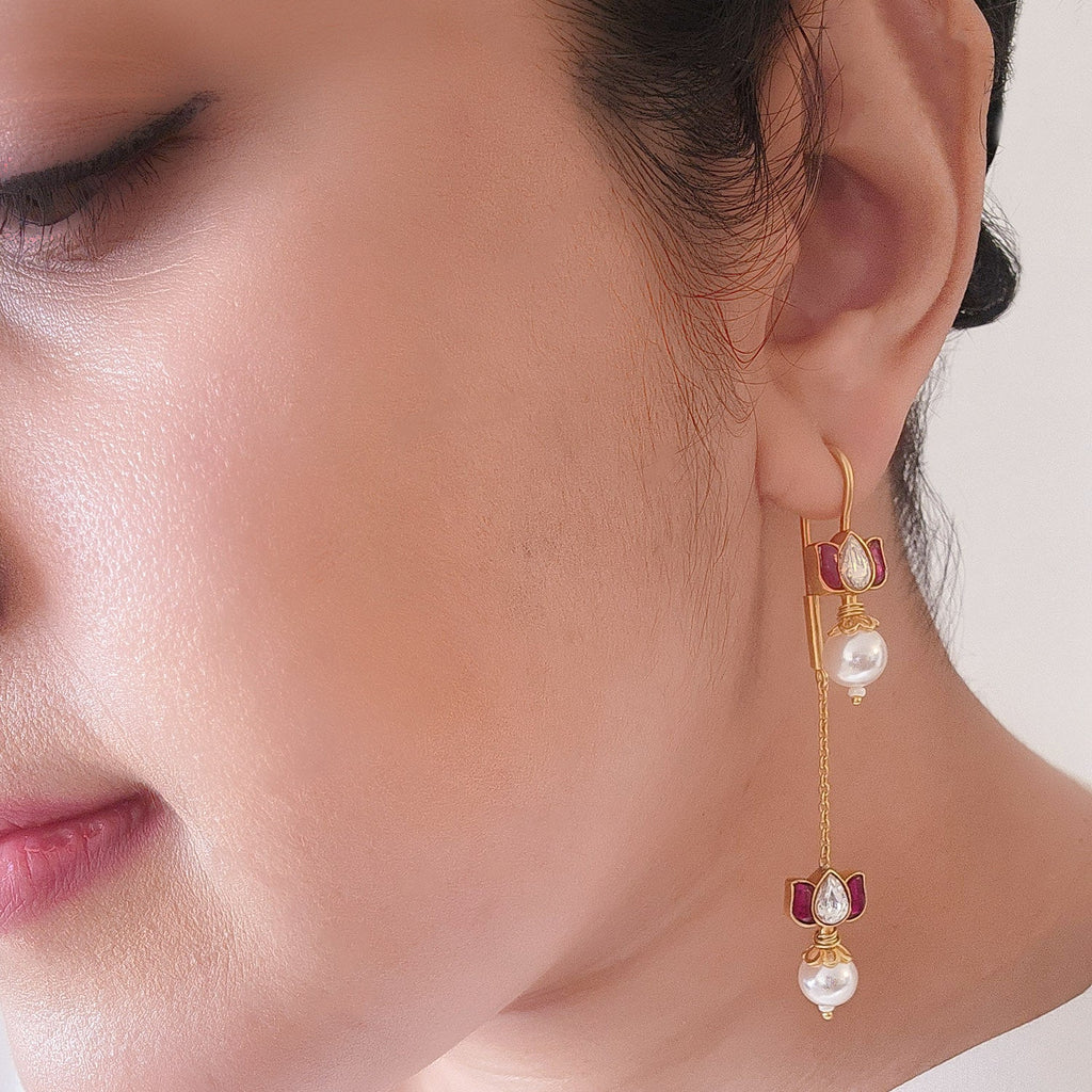 Double Lotus Kundan Silver 92.5 Sui Dhaga Earring