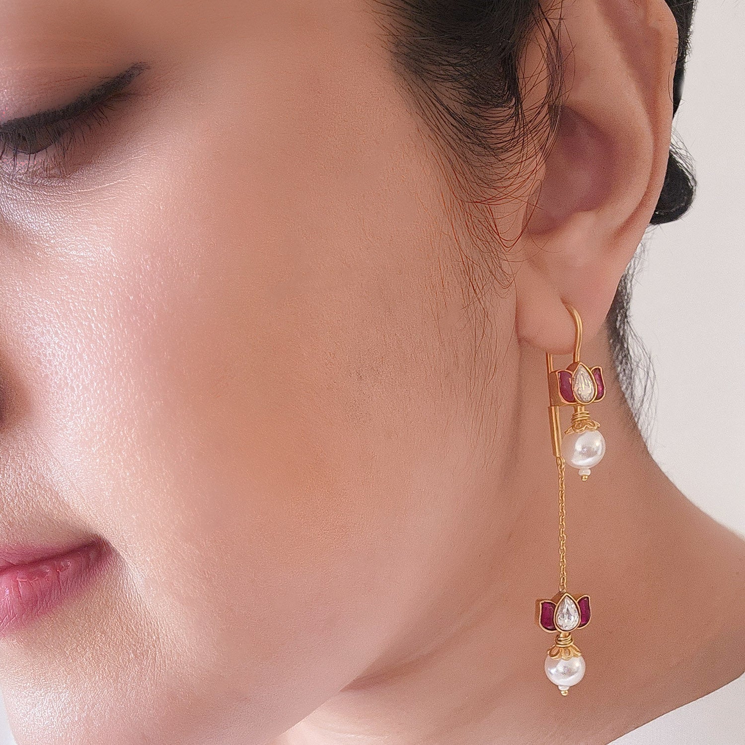 Double Lotus Kundan Silver 92.5 Sui Dhaga Earring