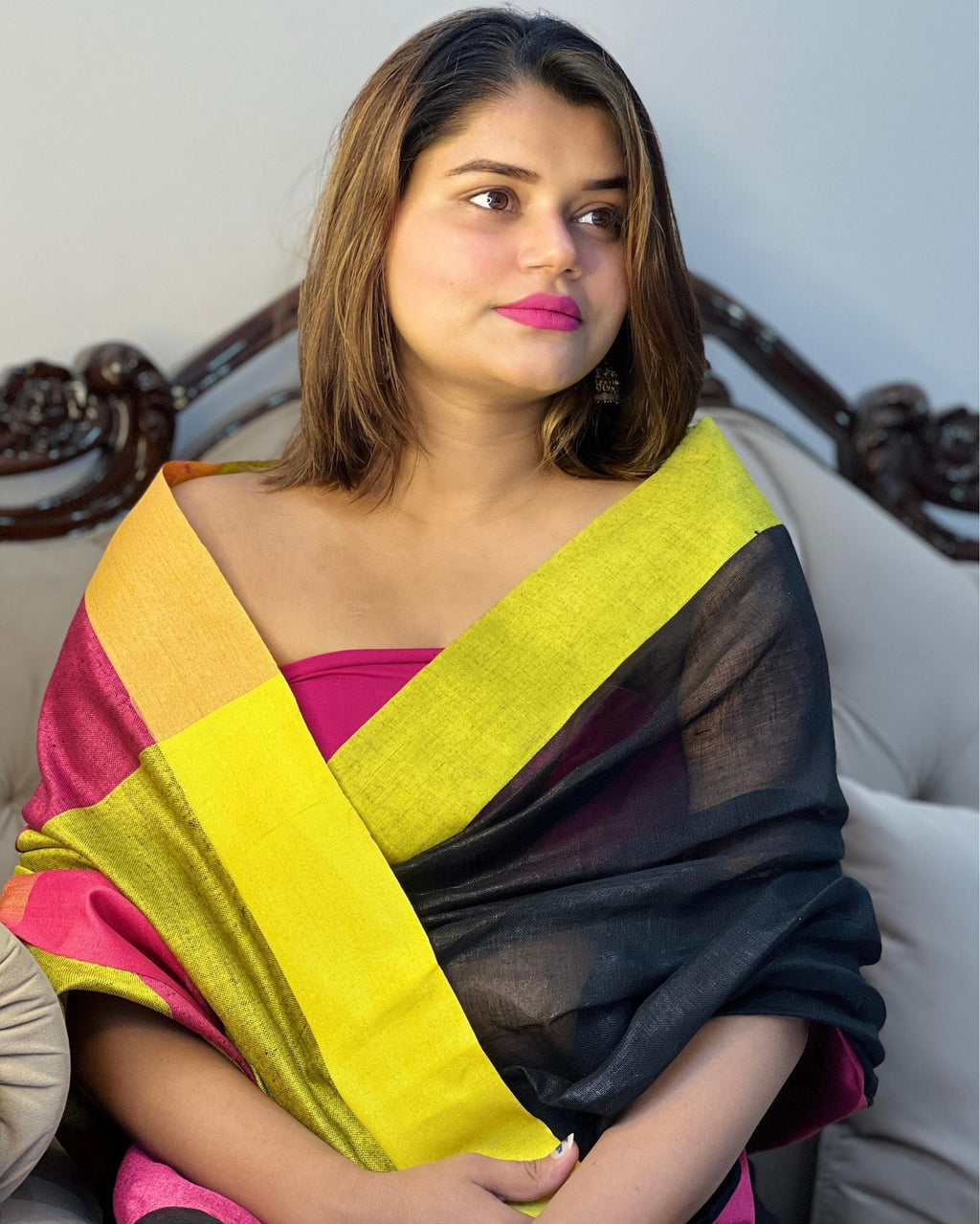 Handwoven Pure Linen Black Saree with Blouse-Indiehaat