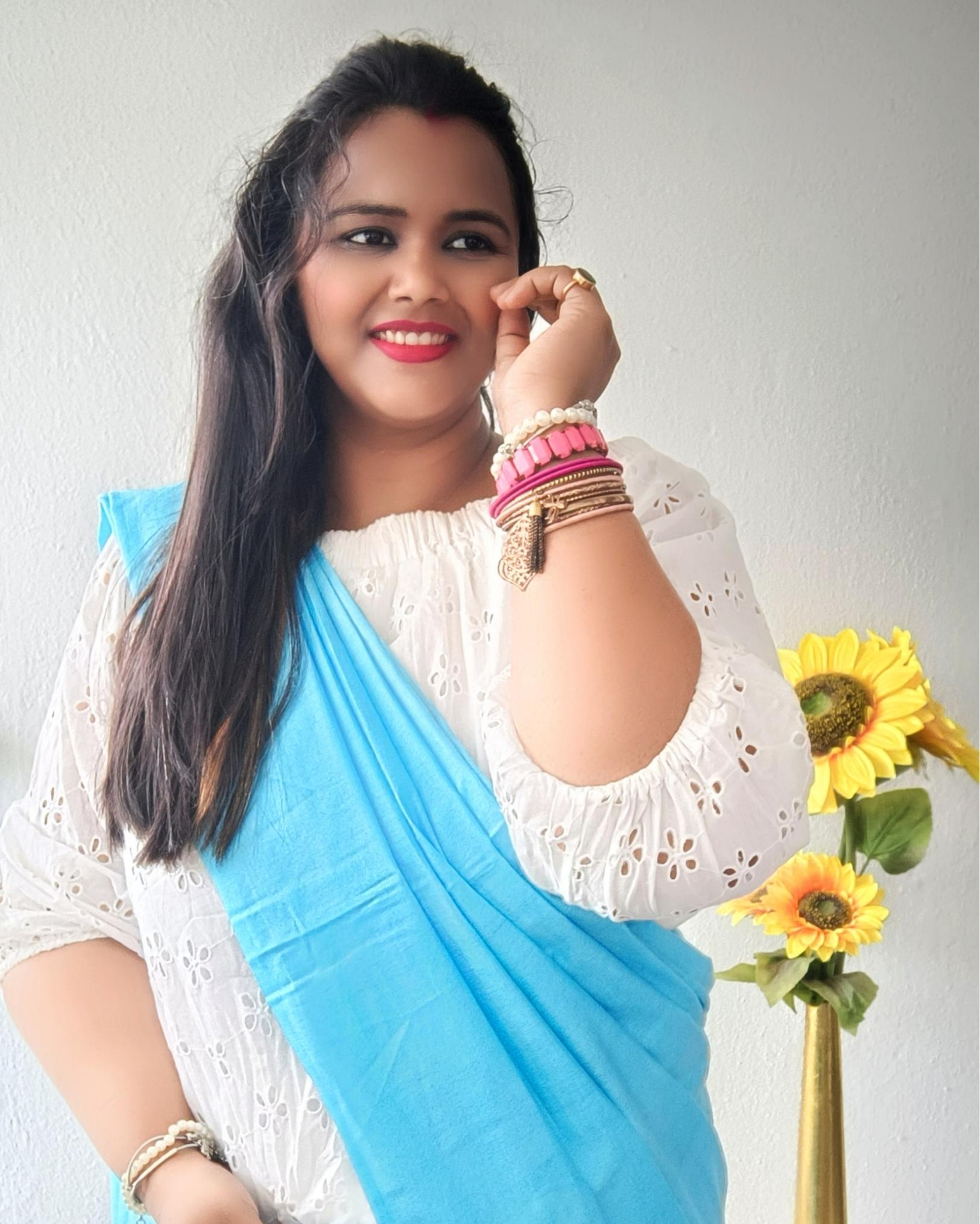 Pure Eri Silk Blue Saree with Running Blouse-Indiehaat