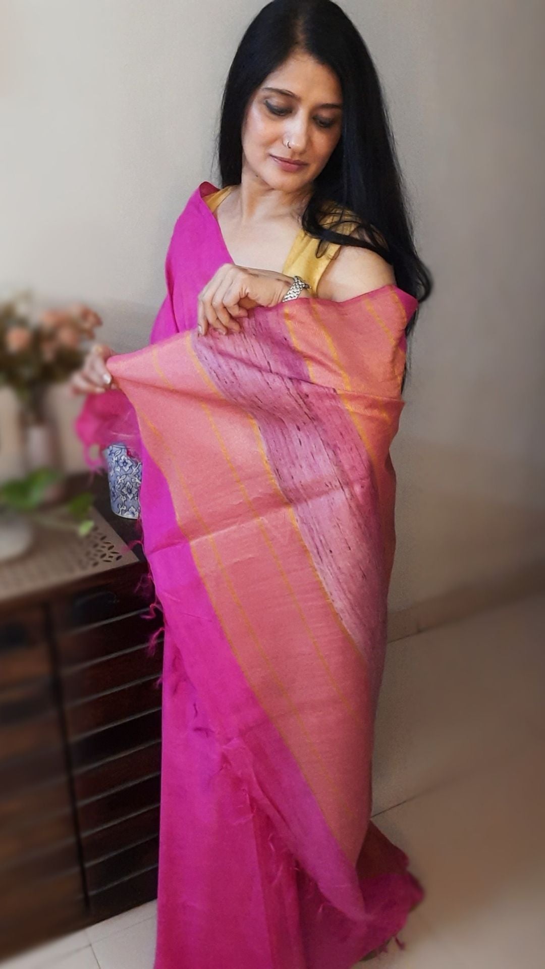 Pure Eri Silk Pink Saree with Running Blouse-Indiehaat