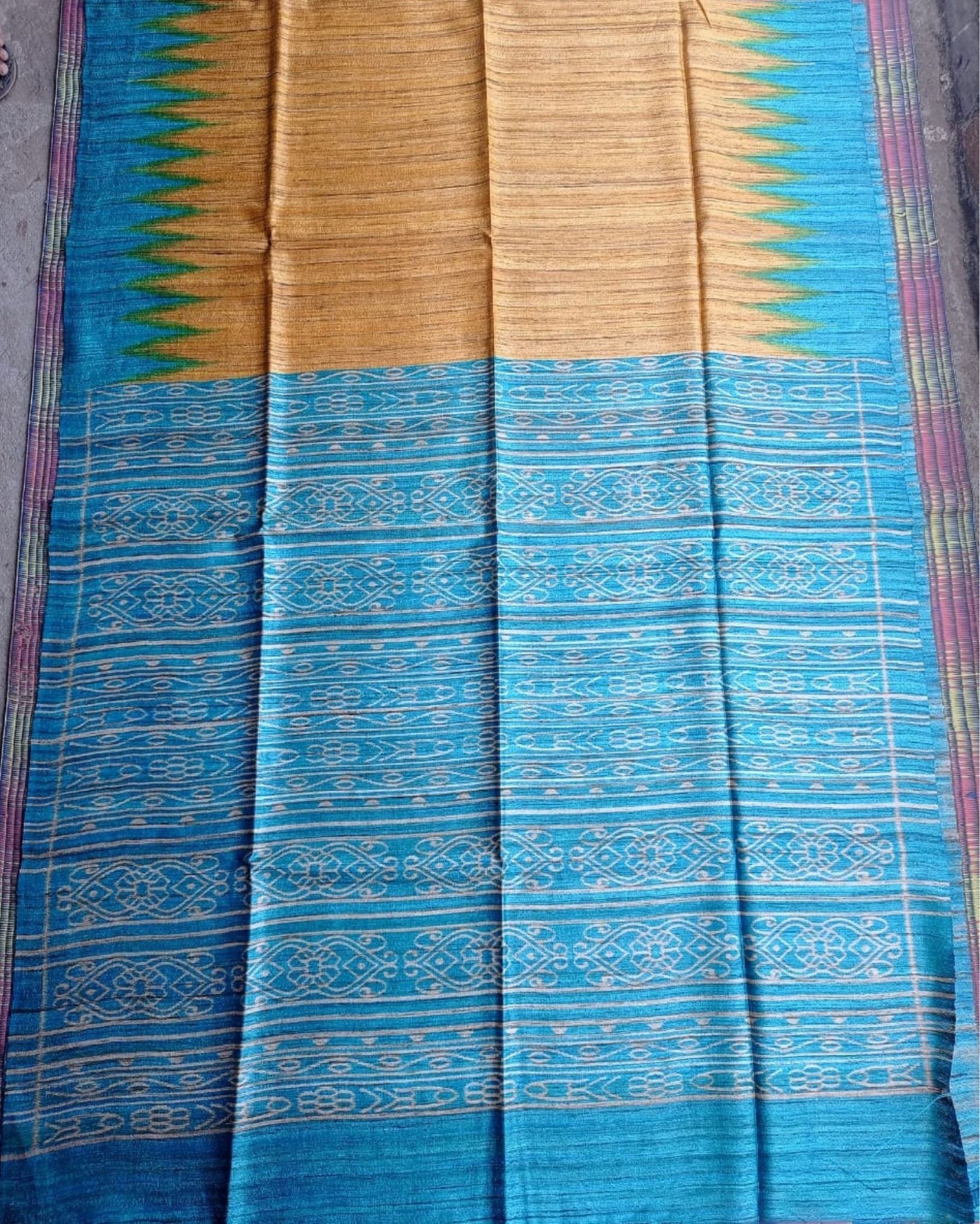 Silkmark Tussar Textured Blockprint Yellow & Blue Saree