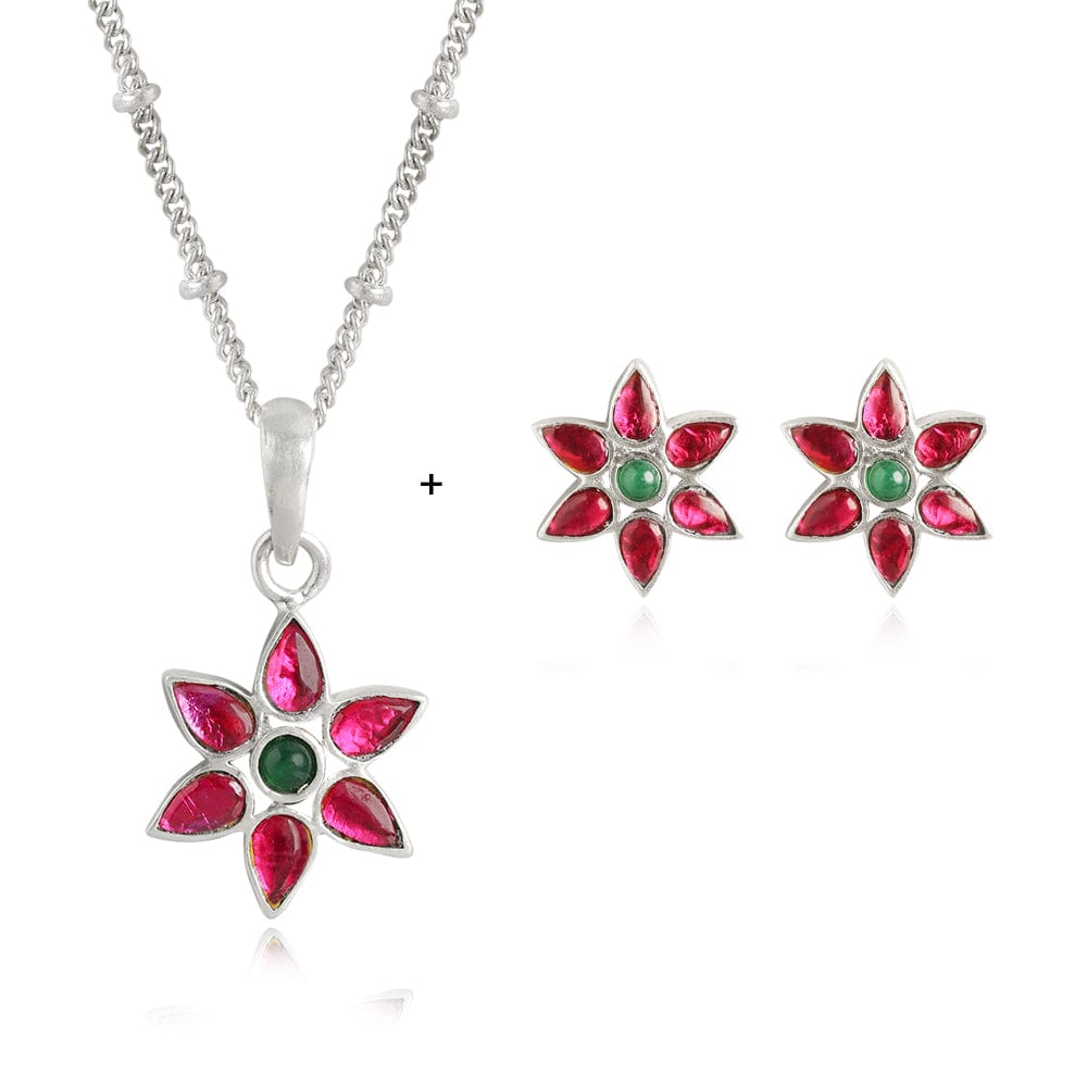 92.5 Silver Red Kundan Flower earring