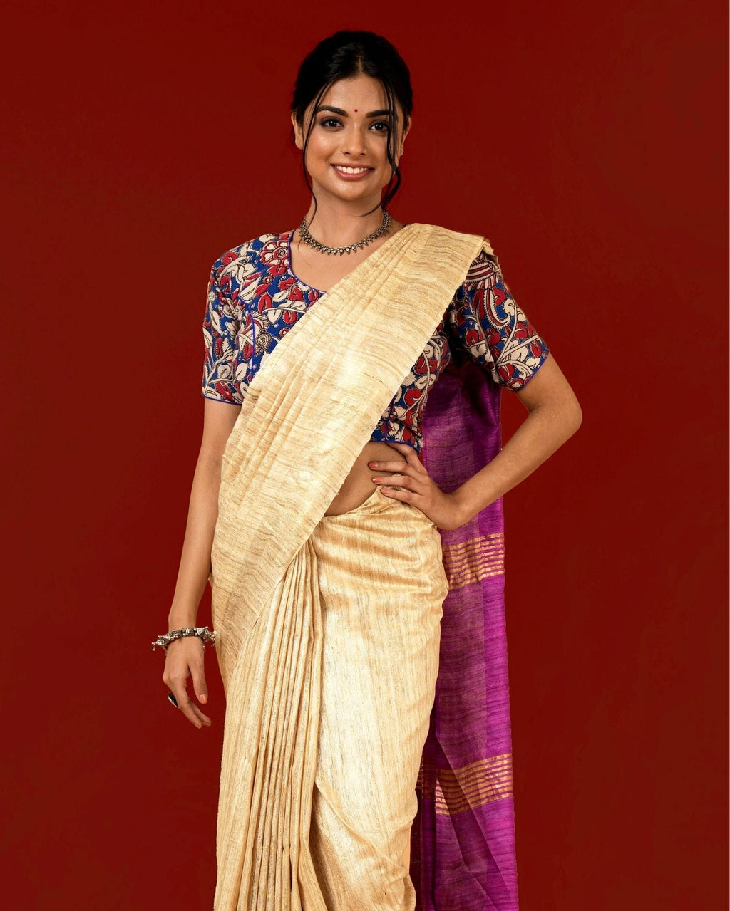 Silkmark Certified Gichcha Tussar Handloom Hand Dyed  Biege Saree with Blouse-Indiehaat