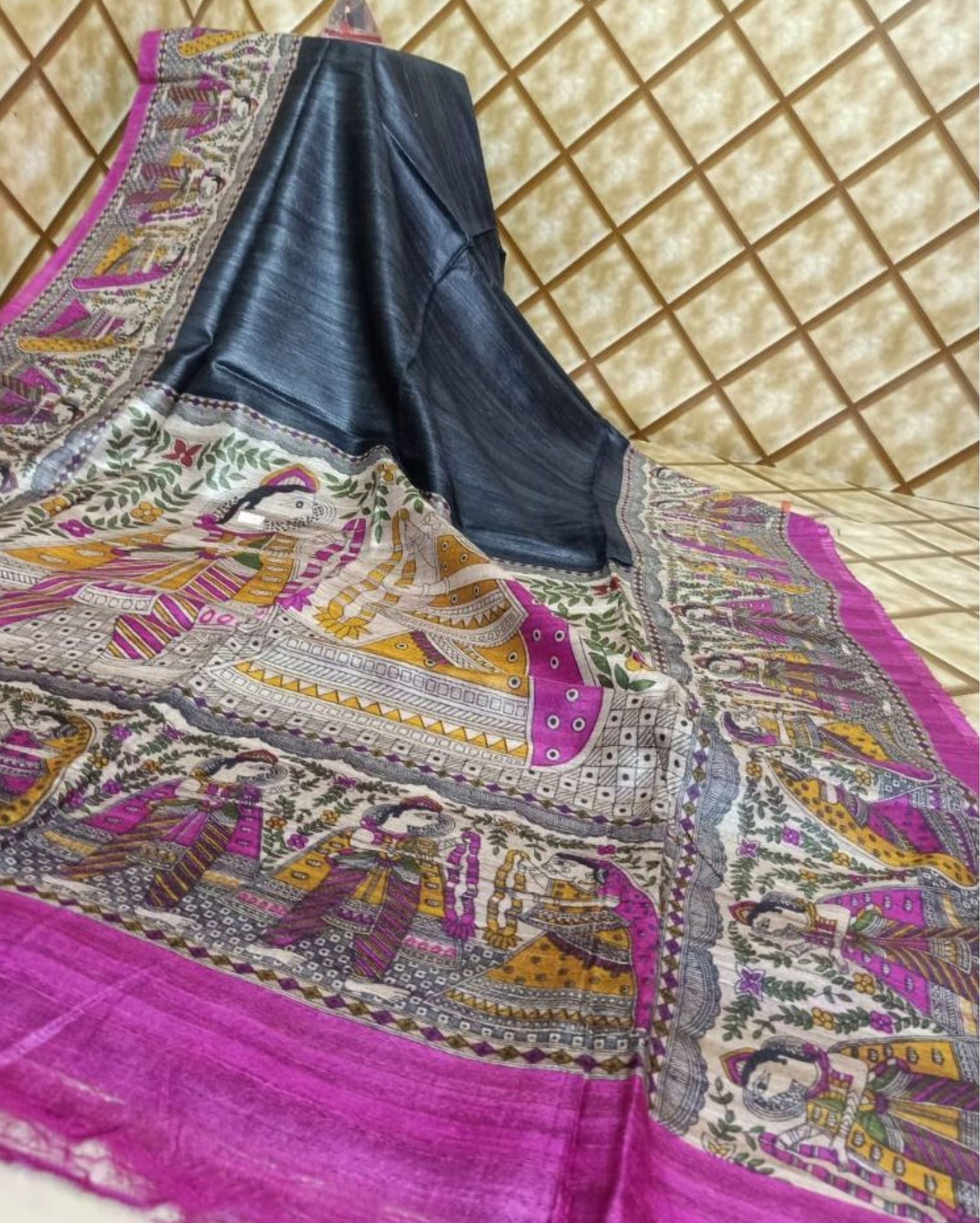 Silkmark Tussar Joyful Madhubani Black Saree