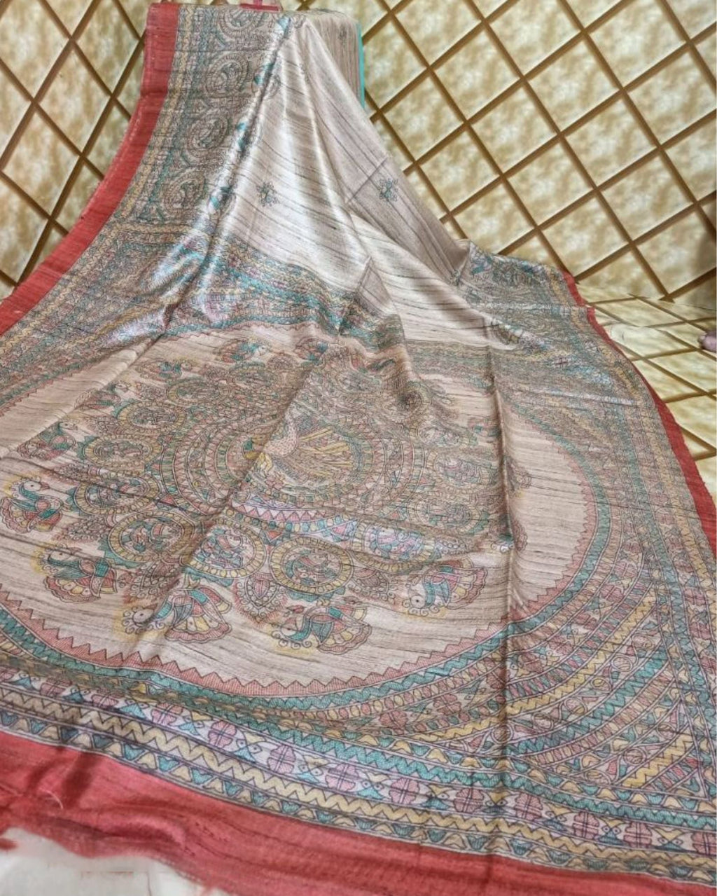 Silkmark Tussar Misty Madhubani Beige Saree